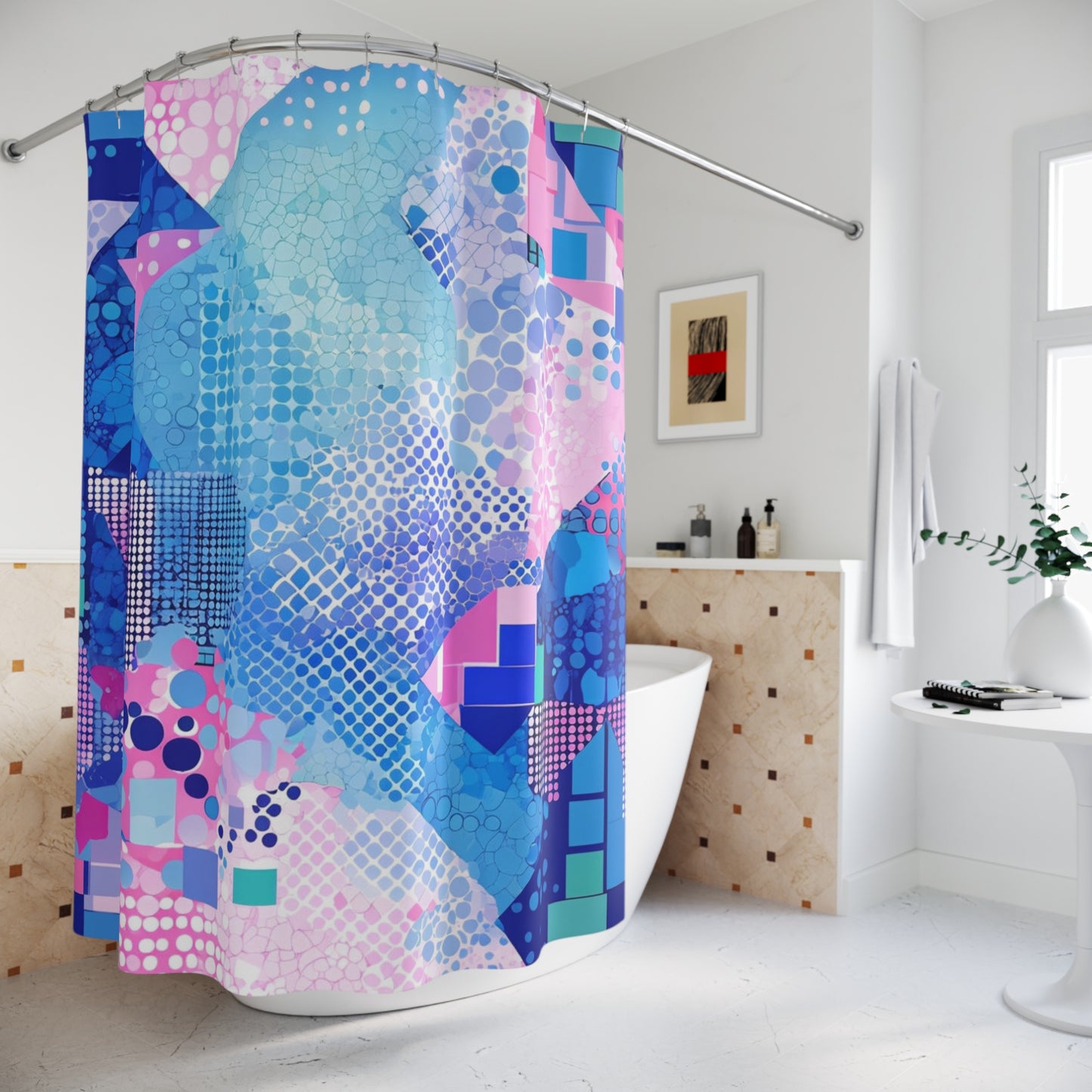 Abstract Blue Pink Geometric Shower Curtain – Modern Mosaic Bath Decor