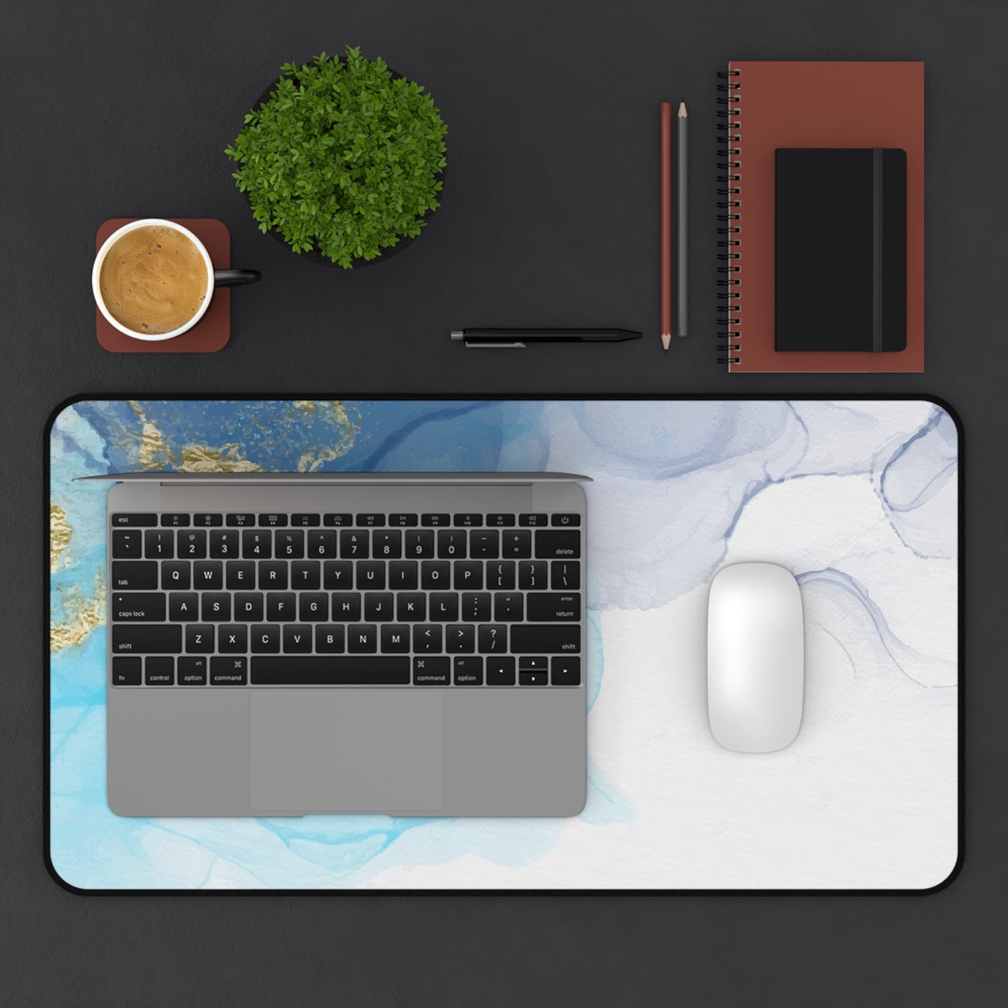 Ocean Blue Marble Desk Mat — Abstract Gold Accent Mouse Pad