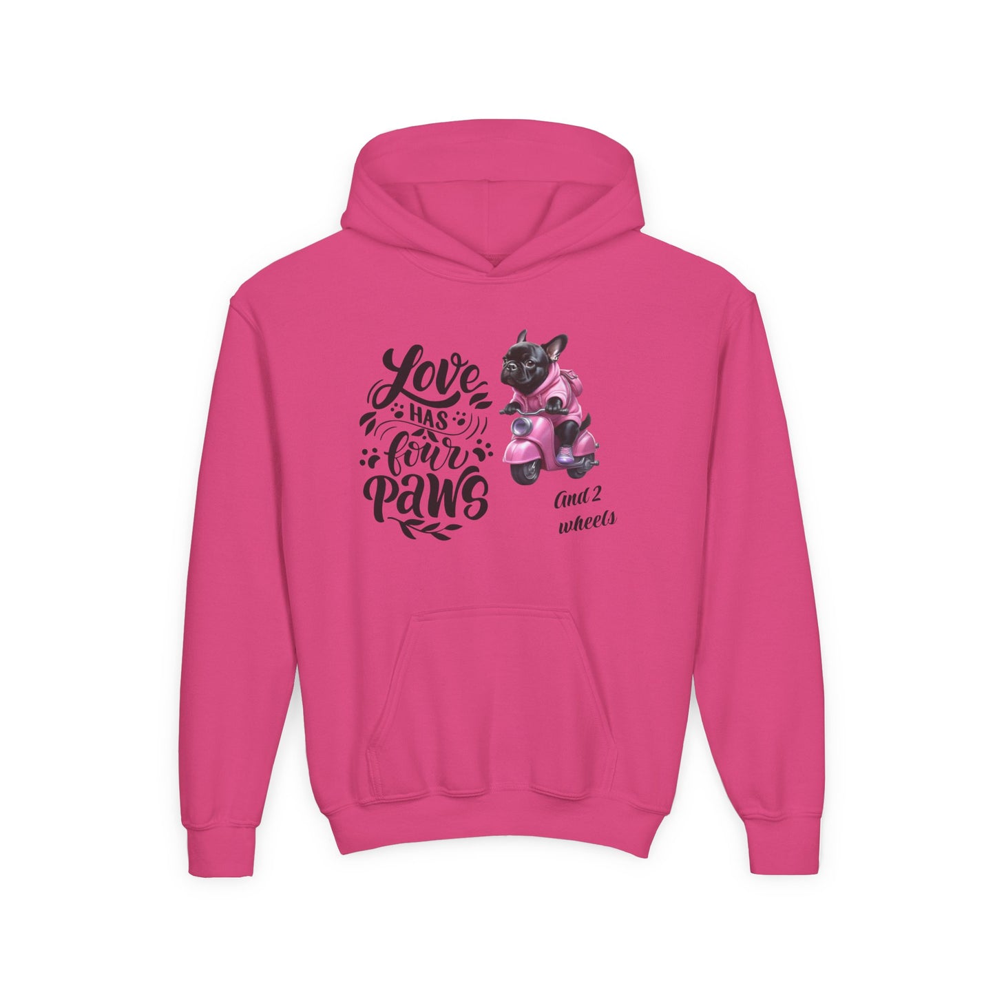Youth Hoodie — "Love Has Four Paws" Pink Scooter French Bulldog Graphic