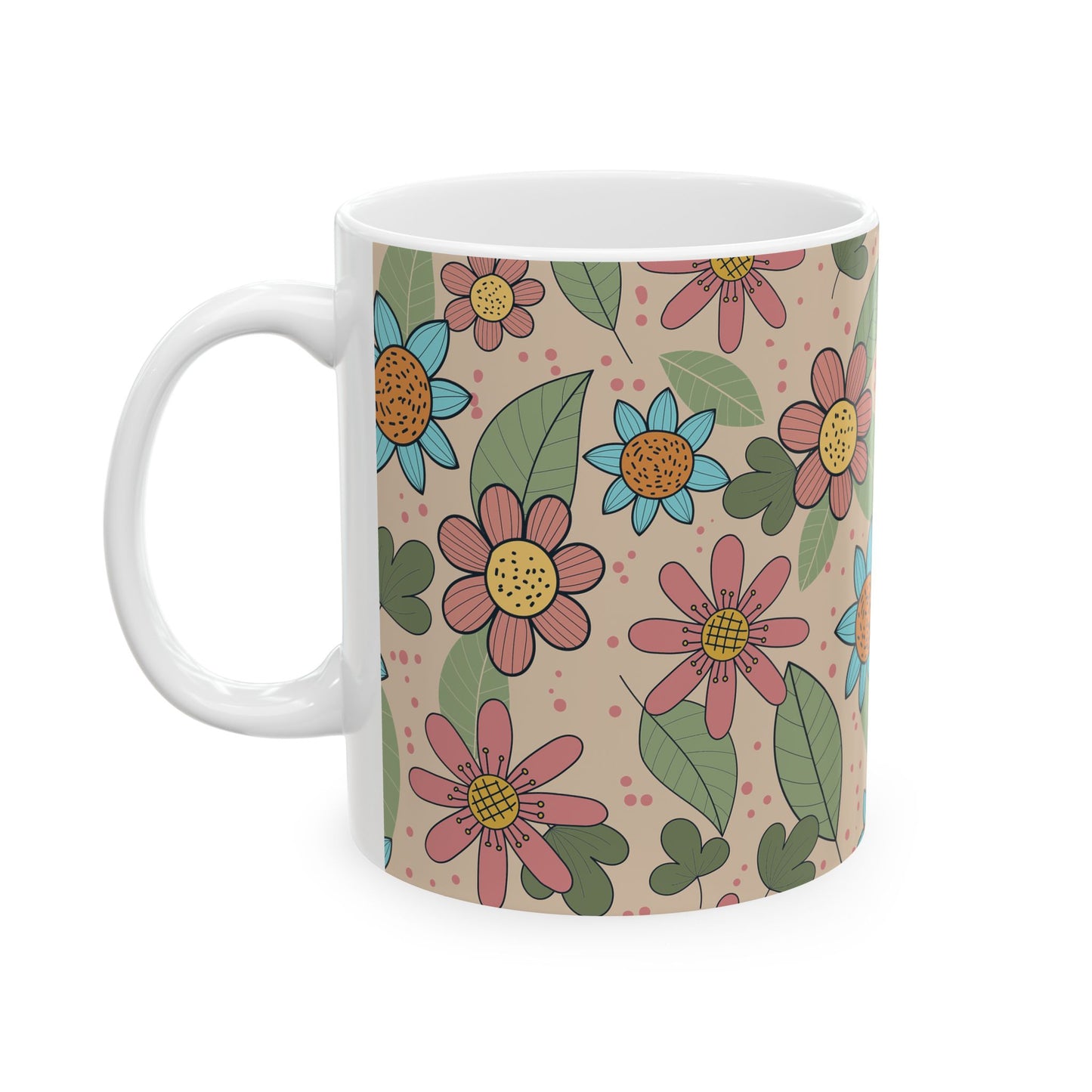Floral Doodle Ceramic Mug – Retro Flower Pattern Coffee Cup (11oz & 15oz)