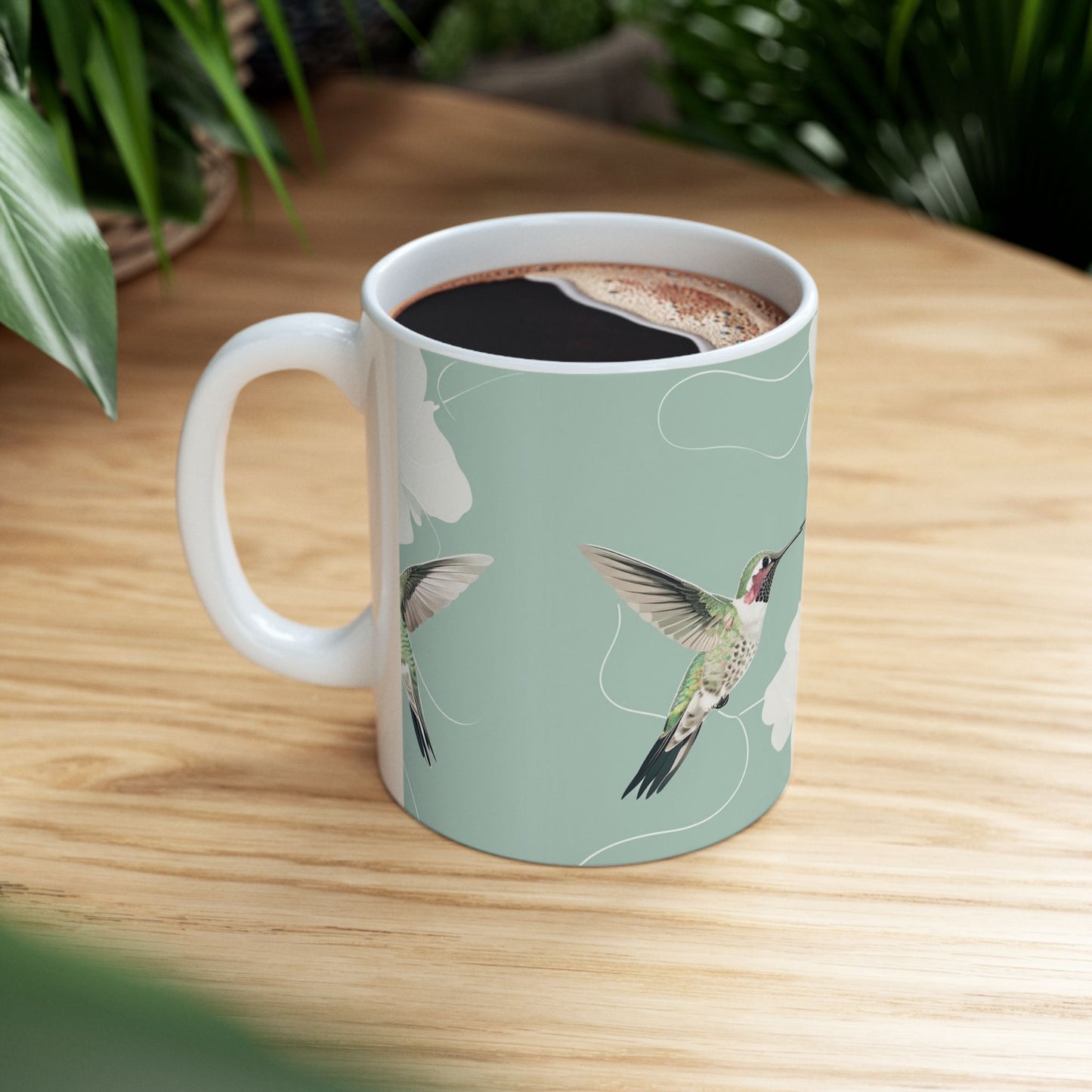 Hummingbird Floral Ceramic Mug – Botanical Mint Coffee Cup (11oz & 15oz)