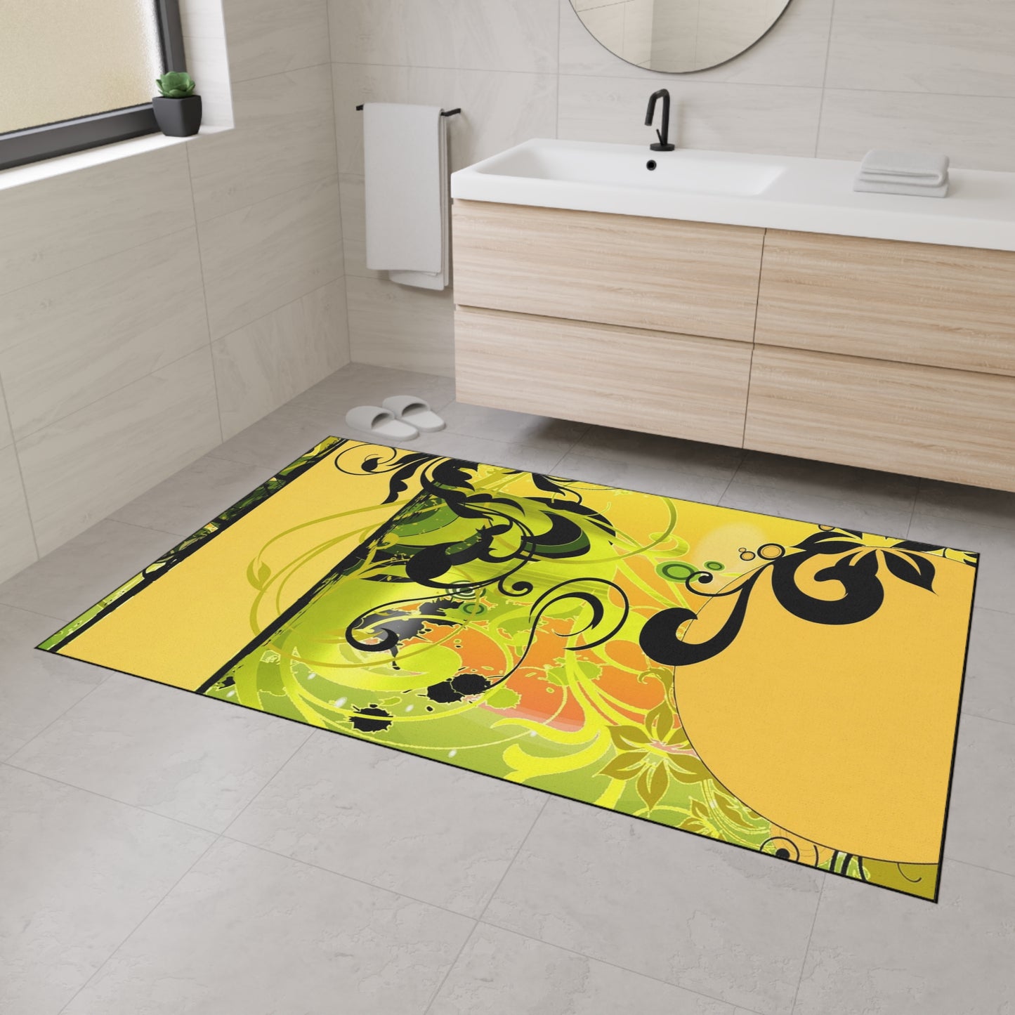 Floral Swirl Heavy Duty Floor Mat — Yellow Green Decorative Entry Rug