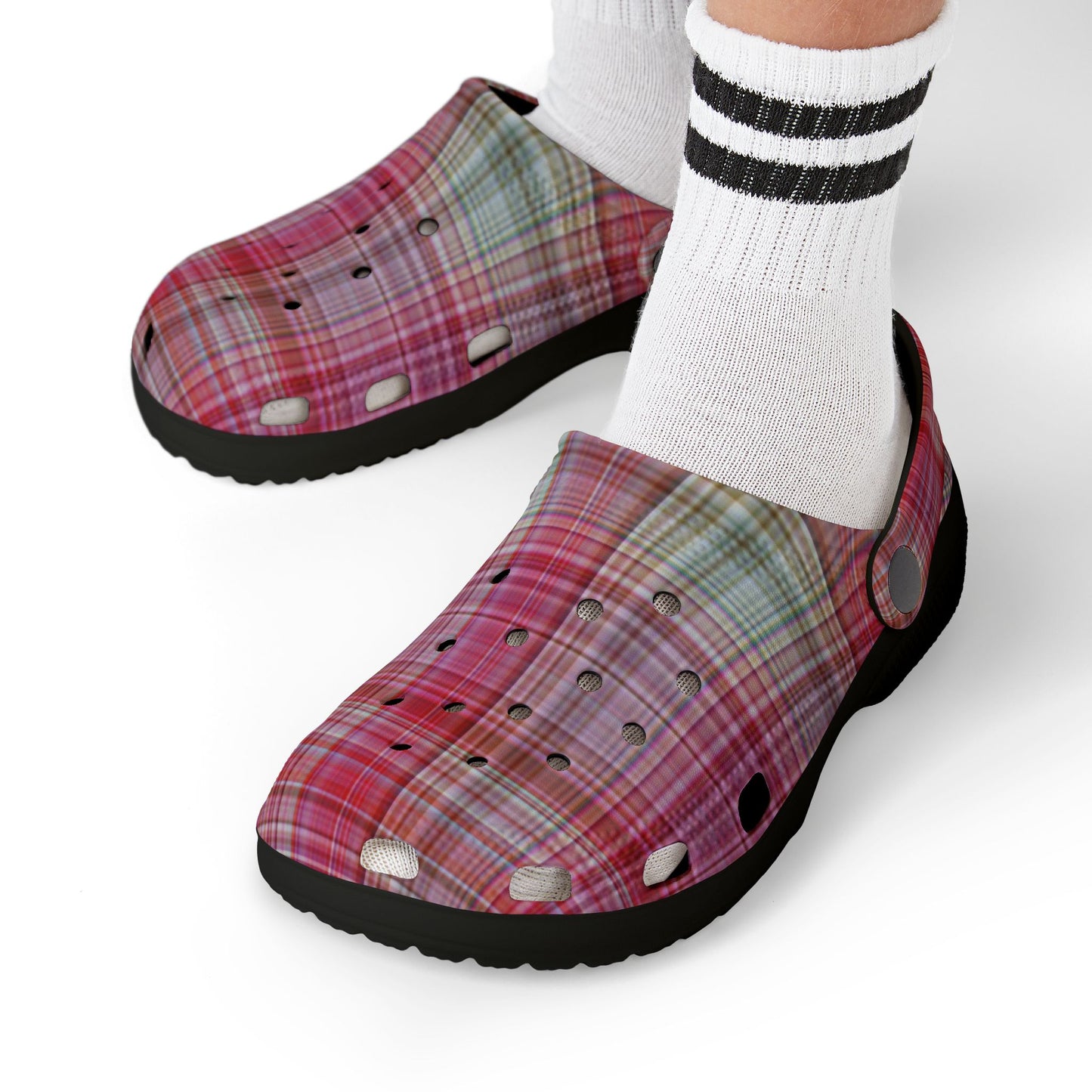 Kids Pink Plaid EVA Foam Clogs — Lightweight Slip-On Garden Shoes