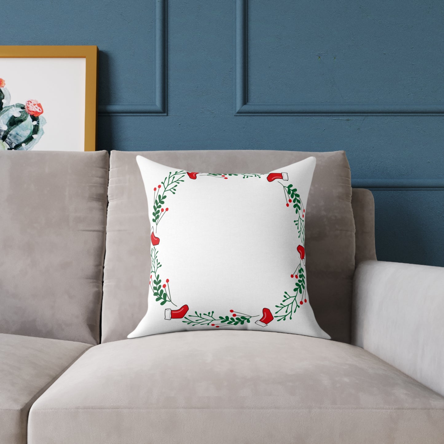 Holiday Holly Corner Square Pillow - Festive Red Berries & Greenery Throw Pillow