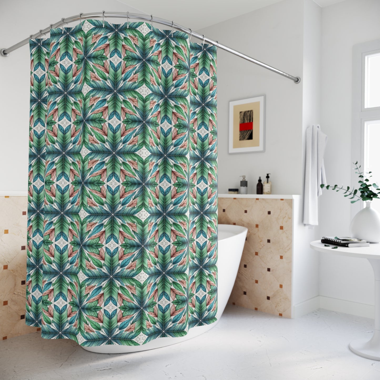Botanical Kaleidoscope Shower Curtain — Green Leaf Geometric Bathroom Decor