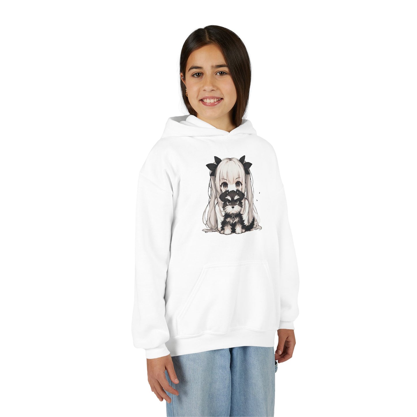 Cute Anime Girl & Puppy Youth Hoodie — Kawaii Kids Pullover for Anime Fans