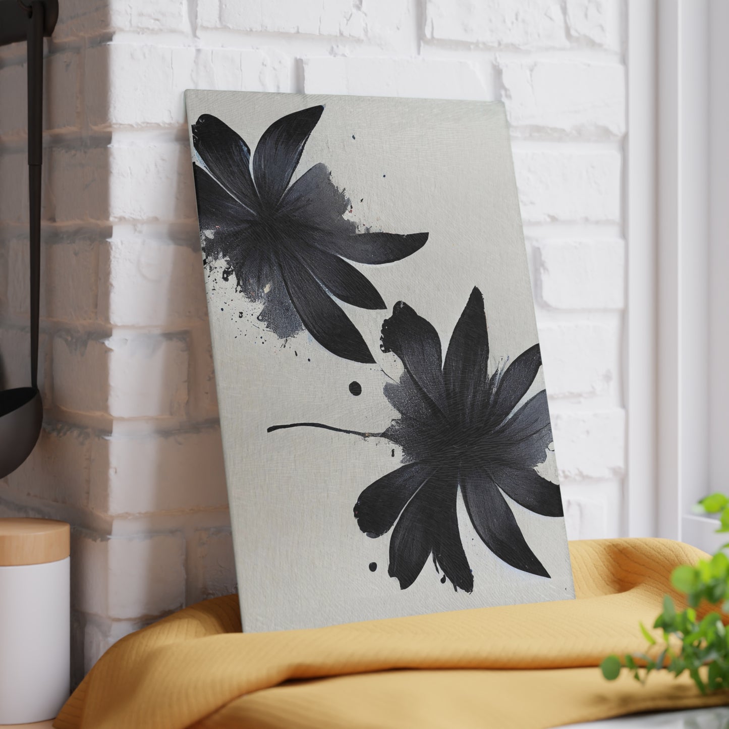 Glass Cutting Board — Black Floral Ink Splash Design
