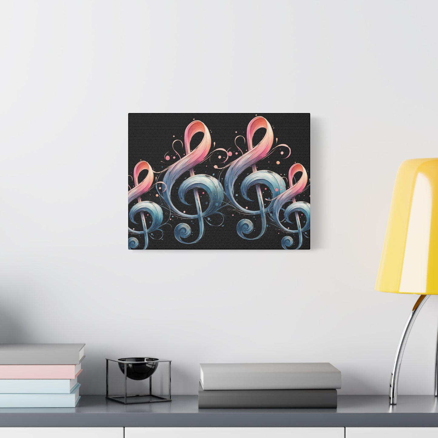 Musical Treble Clef Canvas Wall Art — Pastel Ribbon Notes on Black