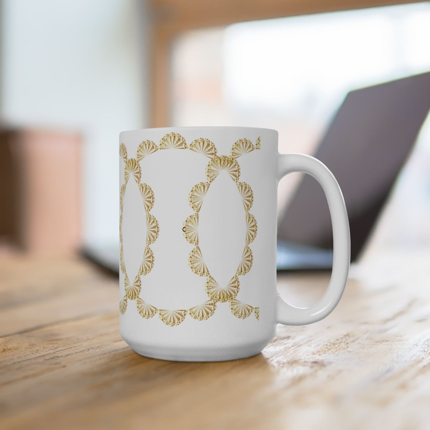 Gold Scallop Frame Ceramic Mug – Elegant Decorative Coffee Cup (11oz & 15oz)