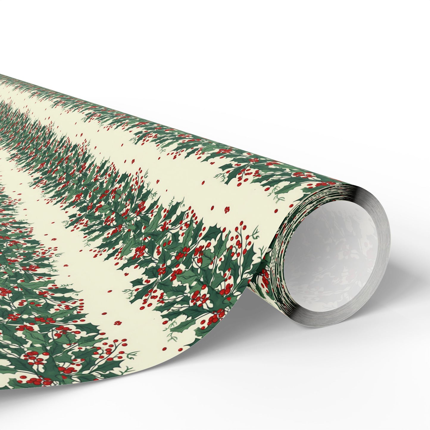 Holiday Pine Sprig Wrapping Paper Roll — Festive Green & Red Gift Wrap