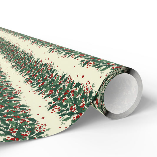 Holiday Pine Sprig Wrapping Paper Roll — Festive Green & Red Gift Wrap