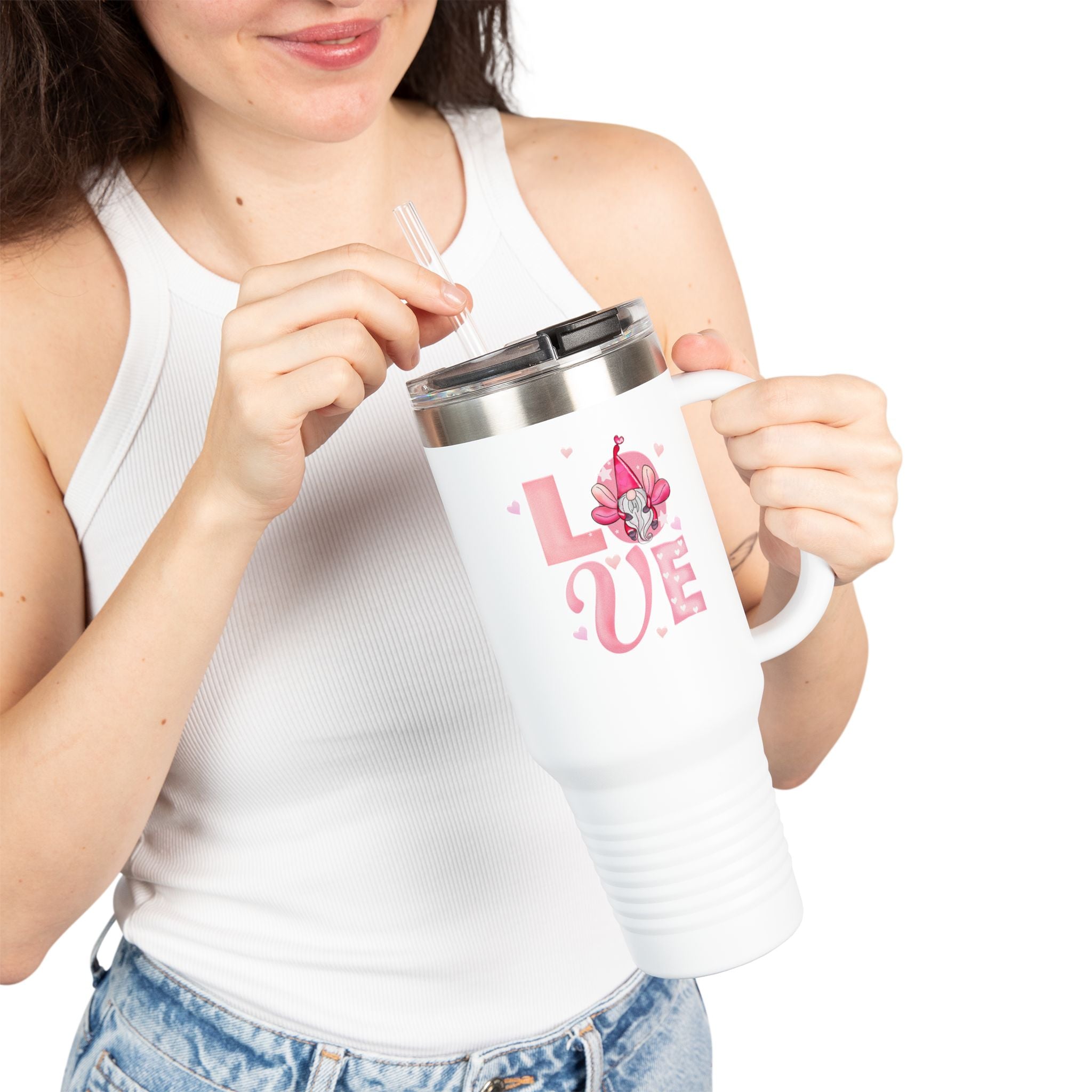 40oz Insulated Travel Mug — Pink "LOVE" Floral Design