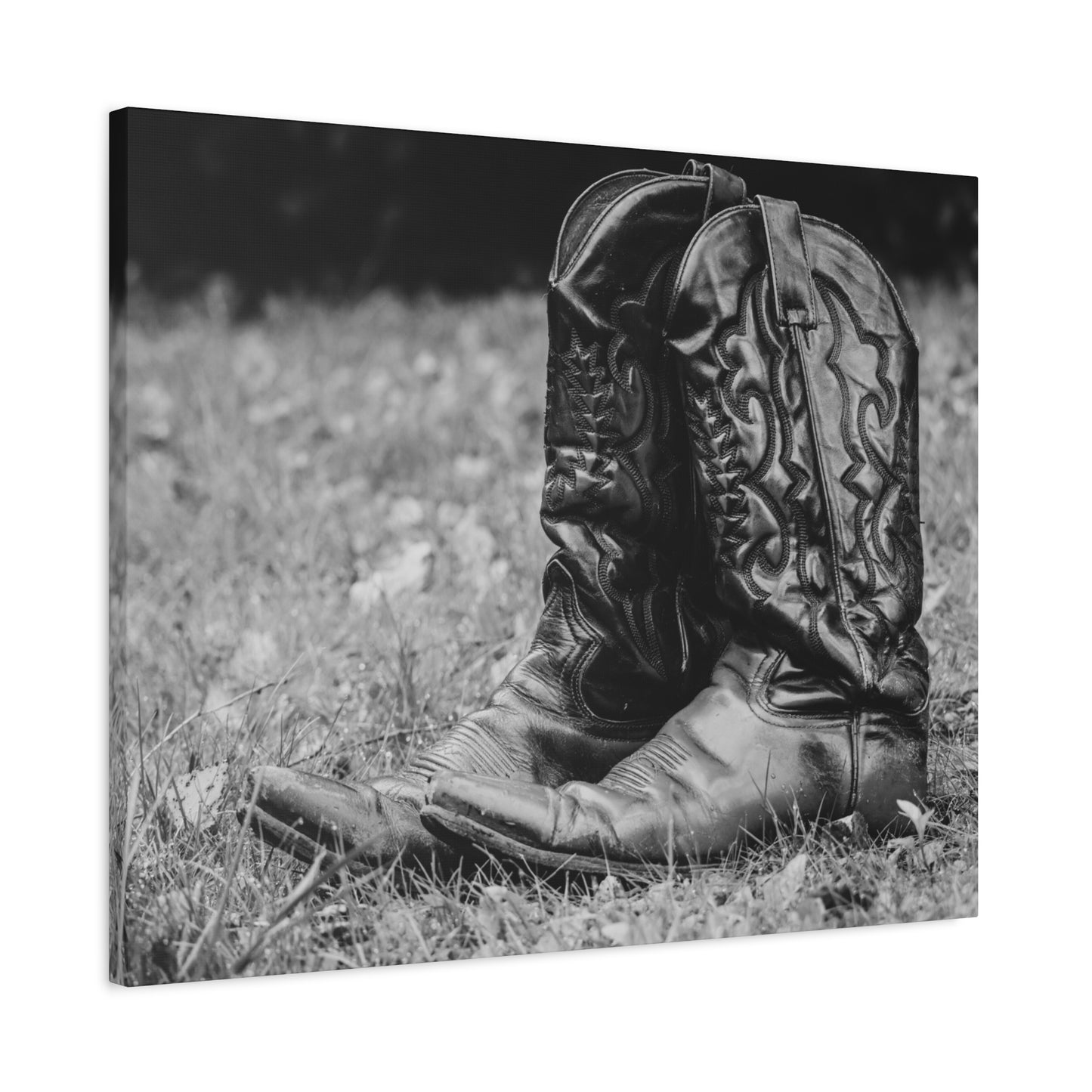 Western Cowboy Boots Matte Canvas Wall Art – Black & White Rustic Country Decor