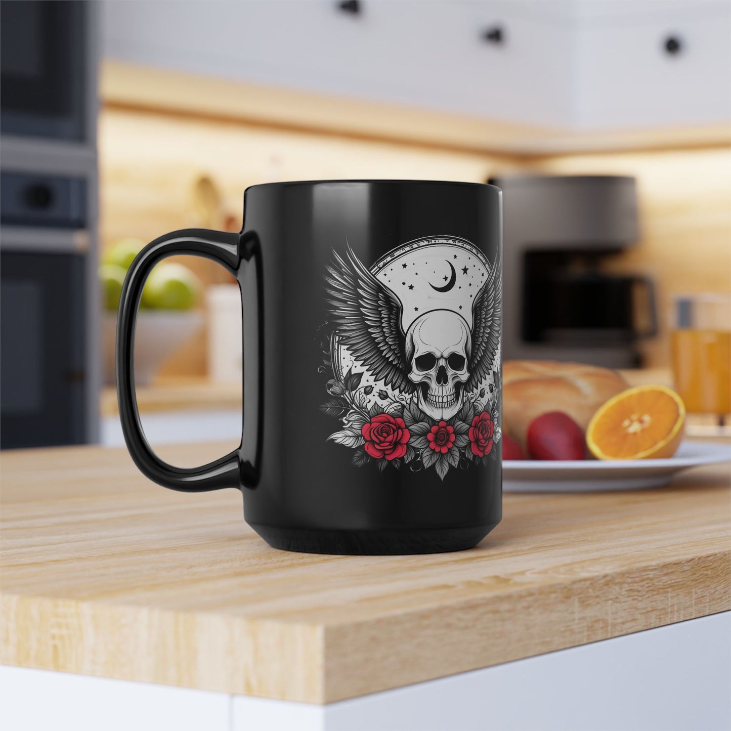 Black Skull & Roses Mug — 15oz Gothic Coffee Cup with Wings and Moon Design