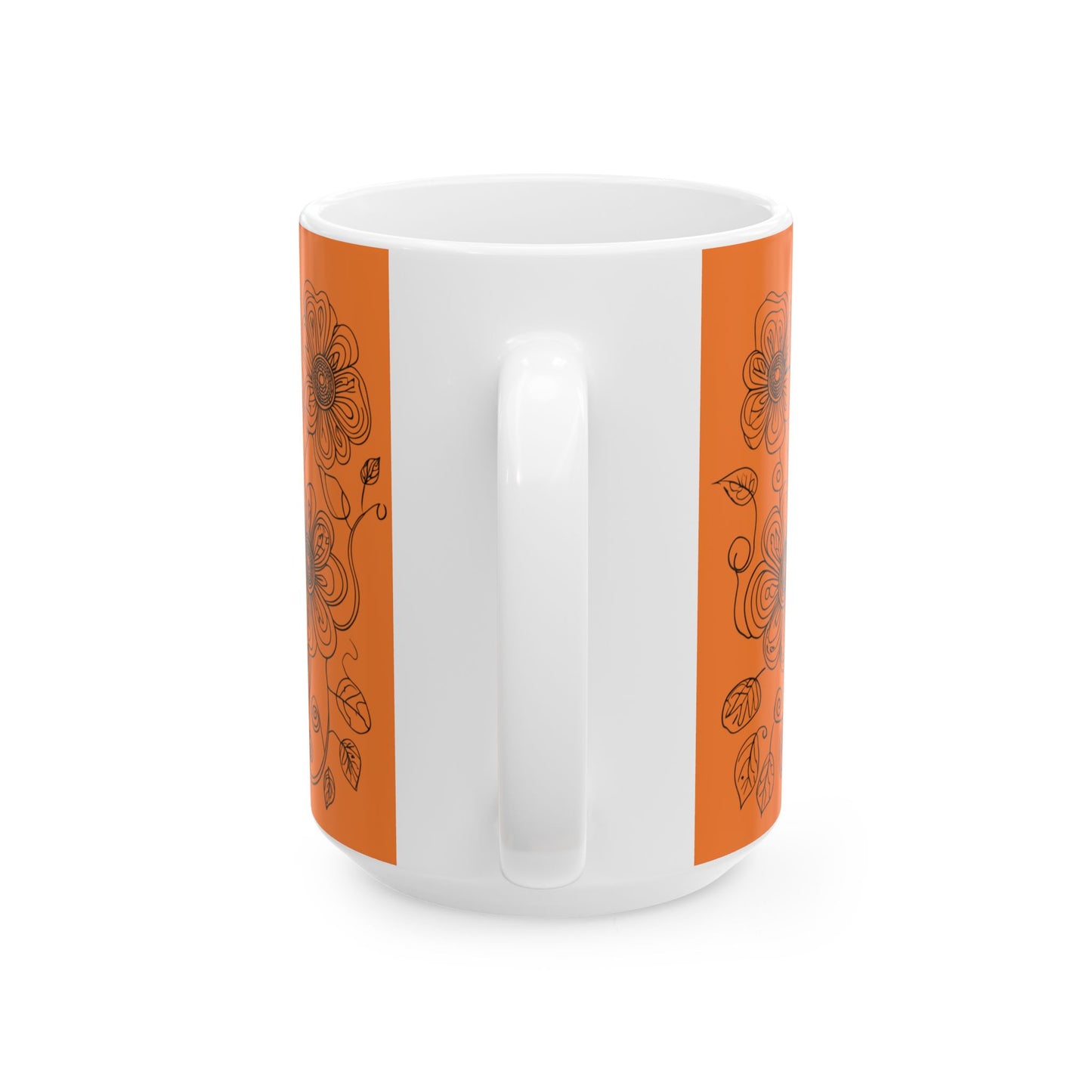 Orange Floral Ceramic Mug — Hand-Drawn Flower Pattern Coffee Tea Cup (11oz, 15oz)