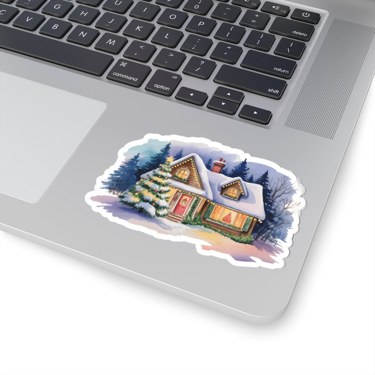 Cozy Snowy Cottage Kiss-Cut Sticker — Holiday Winter Home Decal