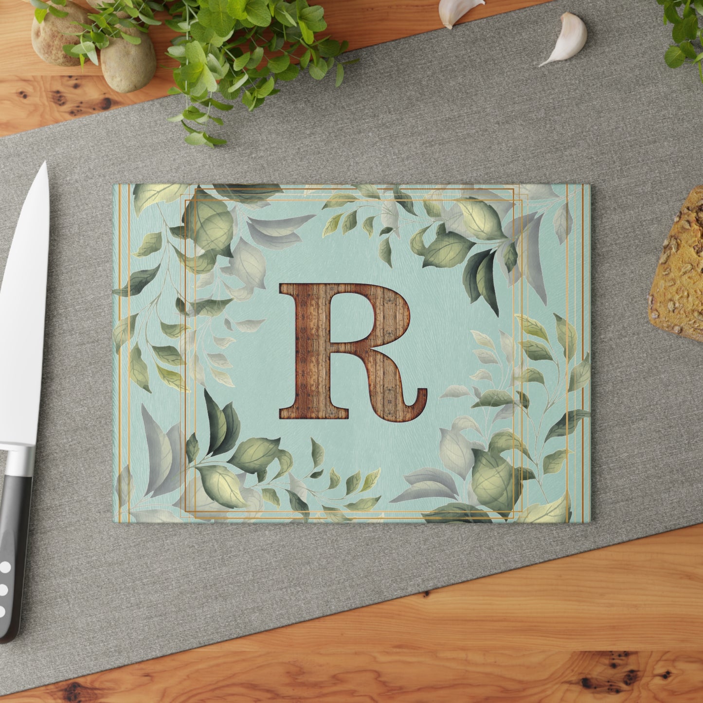 Monogram Glass Cutting Board — Rustic Wood “R” with Greenery Border