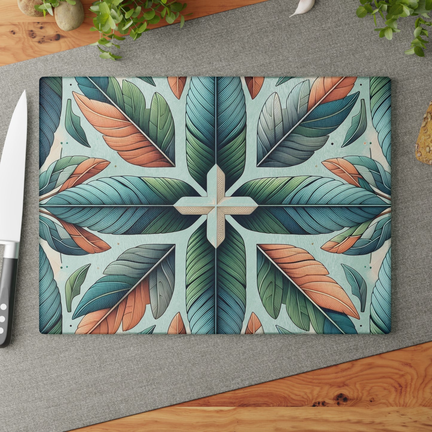 Tropical Leaf Glass Cutting Board — Decorative Kitchen Chopping Board