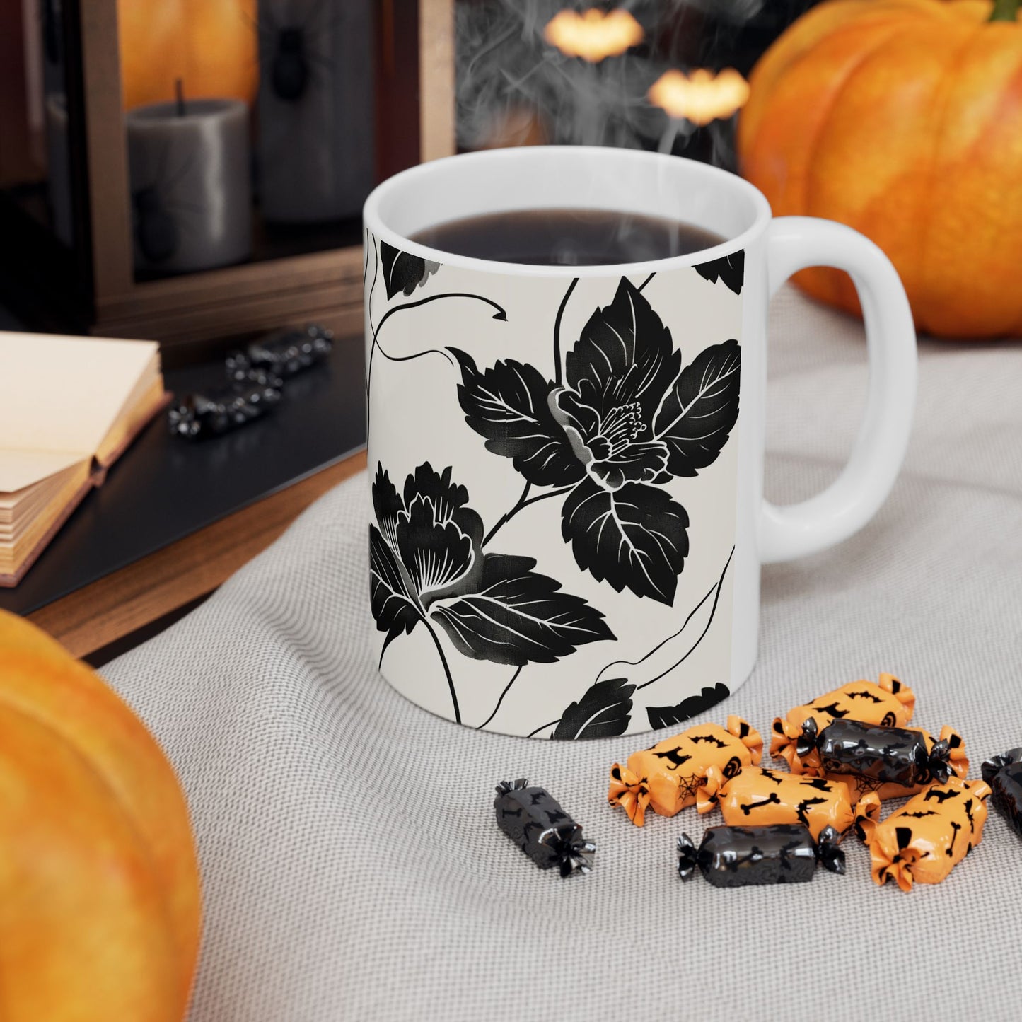 Black Floral Ceramic Mug — Monochrome Vintage Flower Coffee Cup (11oz & 15oz)