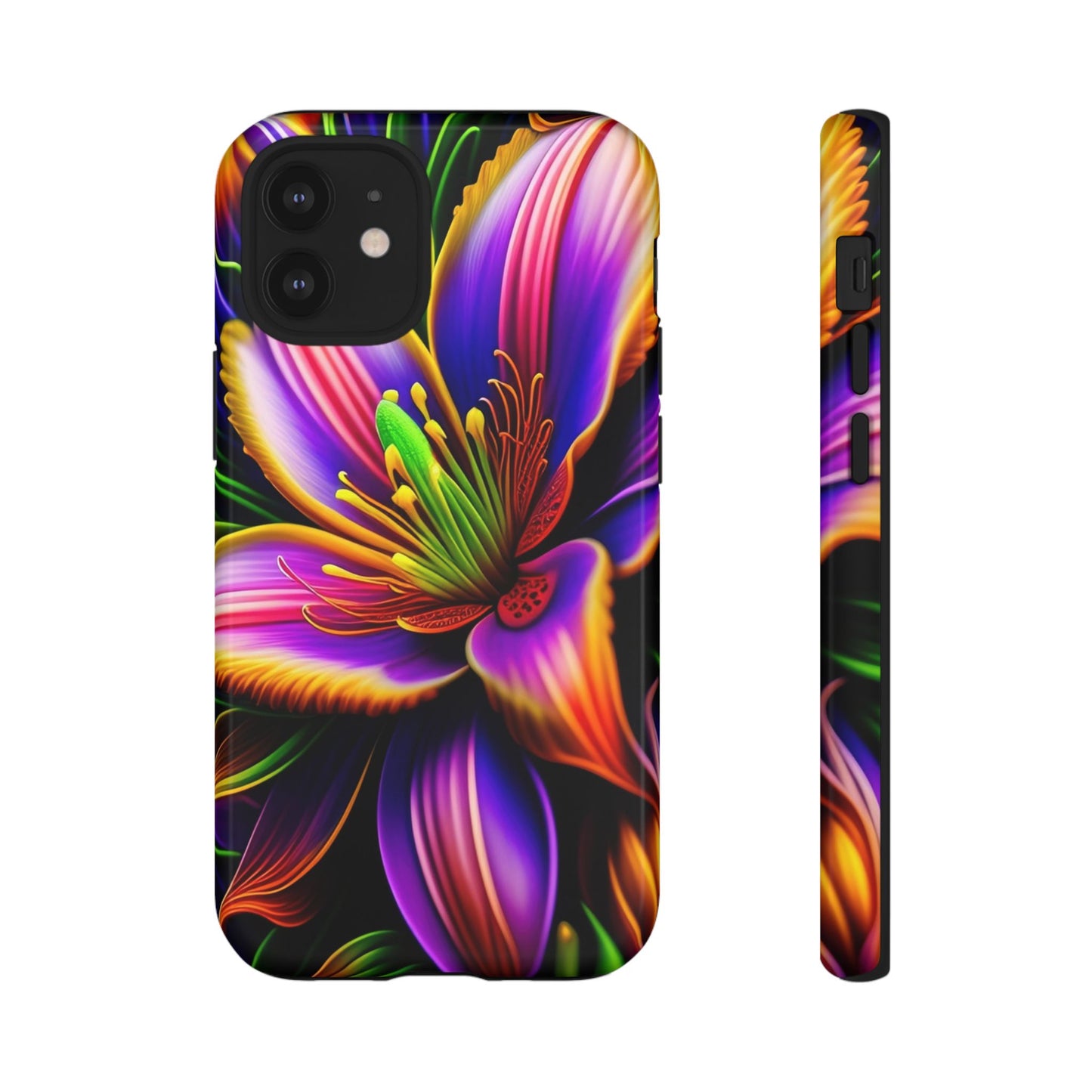 Floral Neon Tough Phone Case — Vivid Purple & Orange Lily Protective Cover