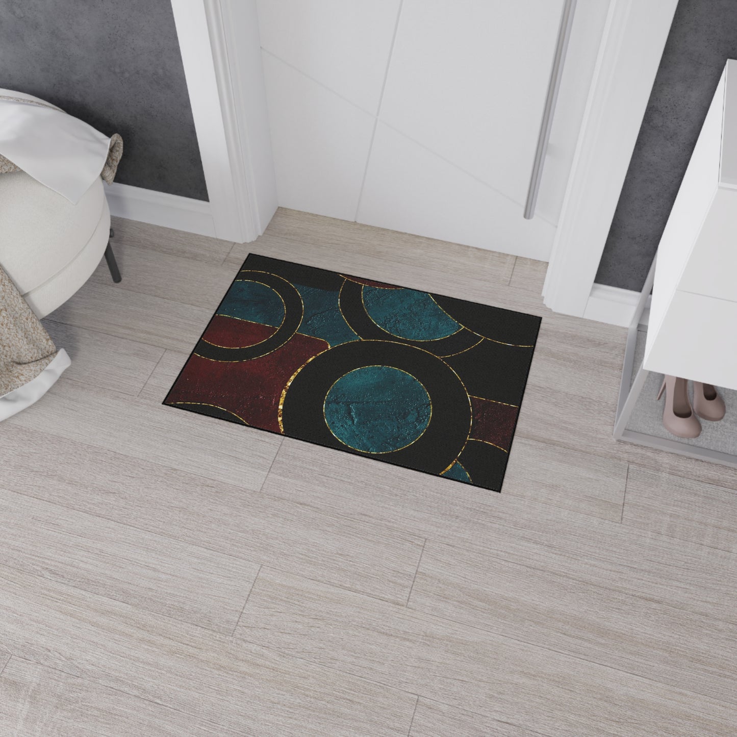 Heavy-Duty Floor Mat — Teal & Burgundy Modern Circle Entry Rug