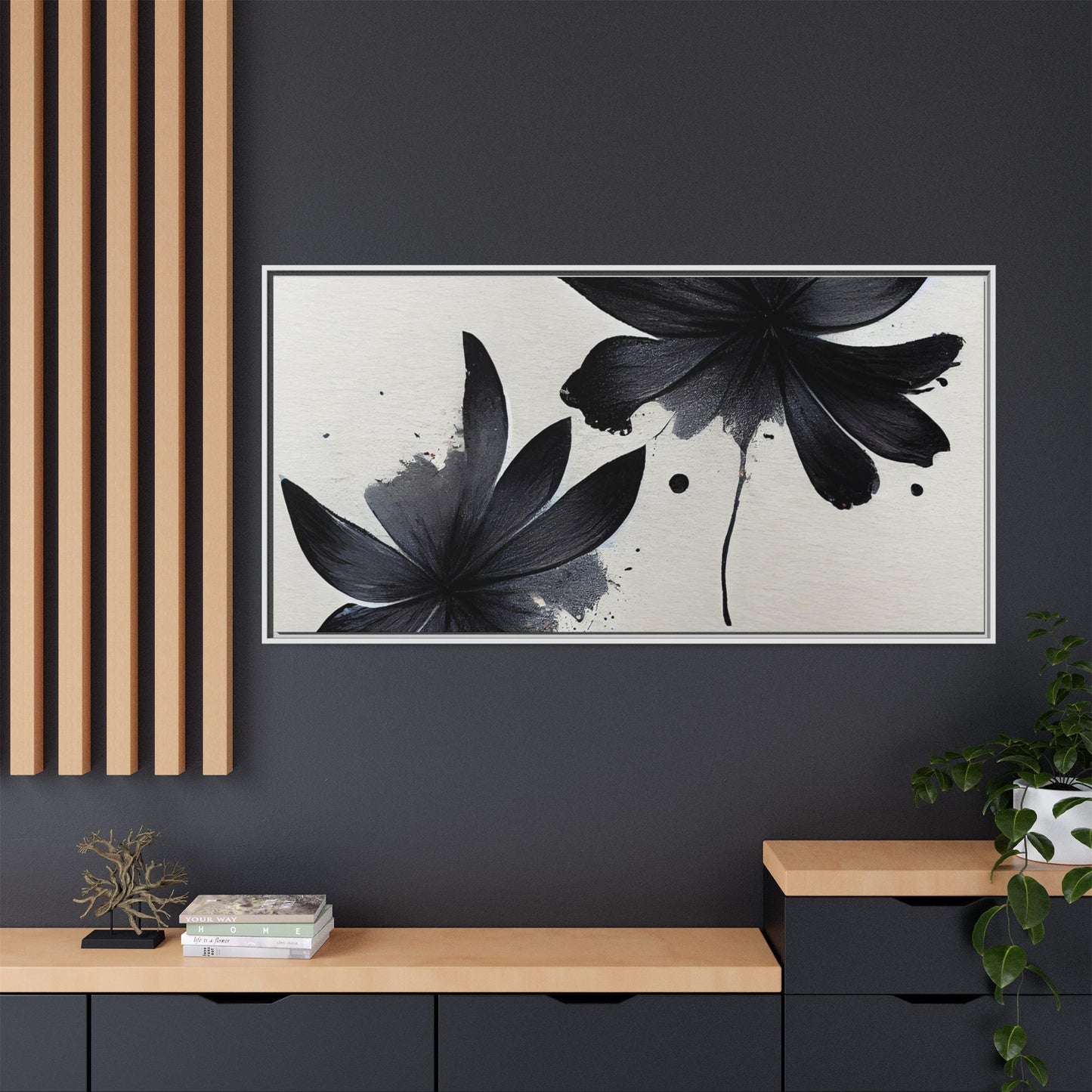 Framed Black Floral Matte Canvas Wall Art — Monochrome Botanical Print
