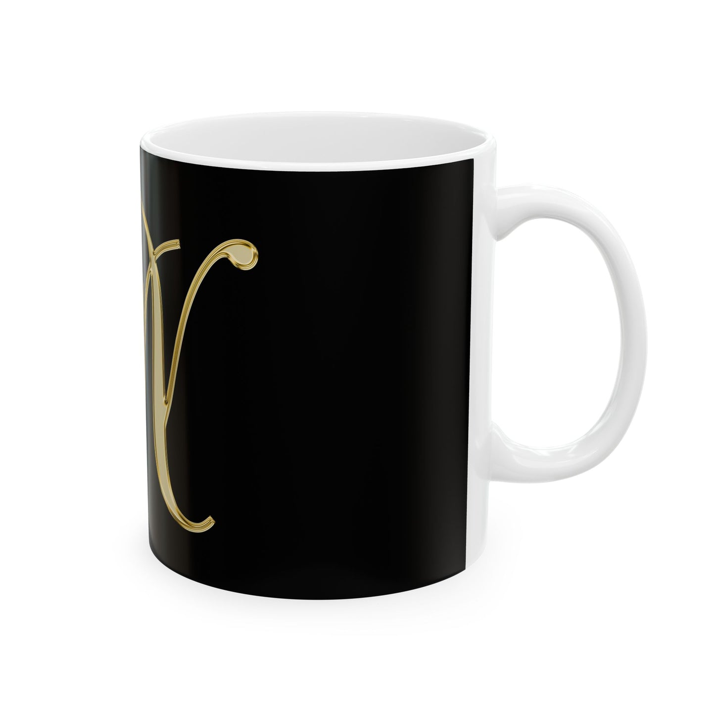 Monogram N Ceramic Mug — Gold Script Initial on Black (11oz & 15oz)