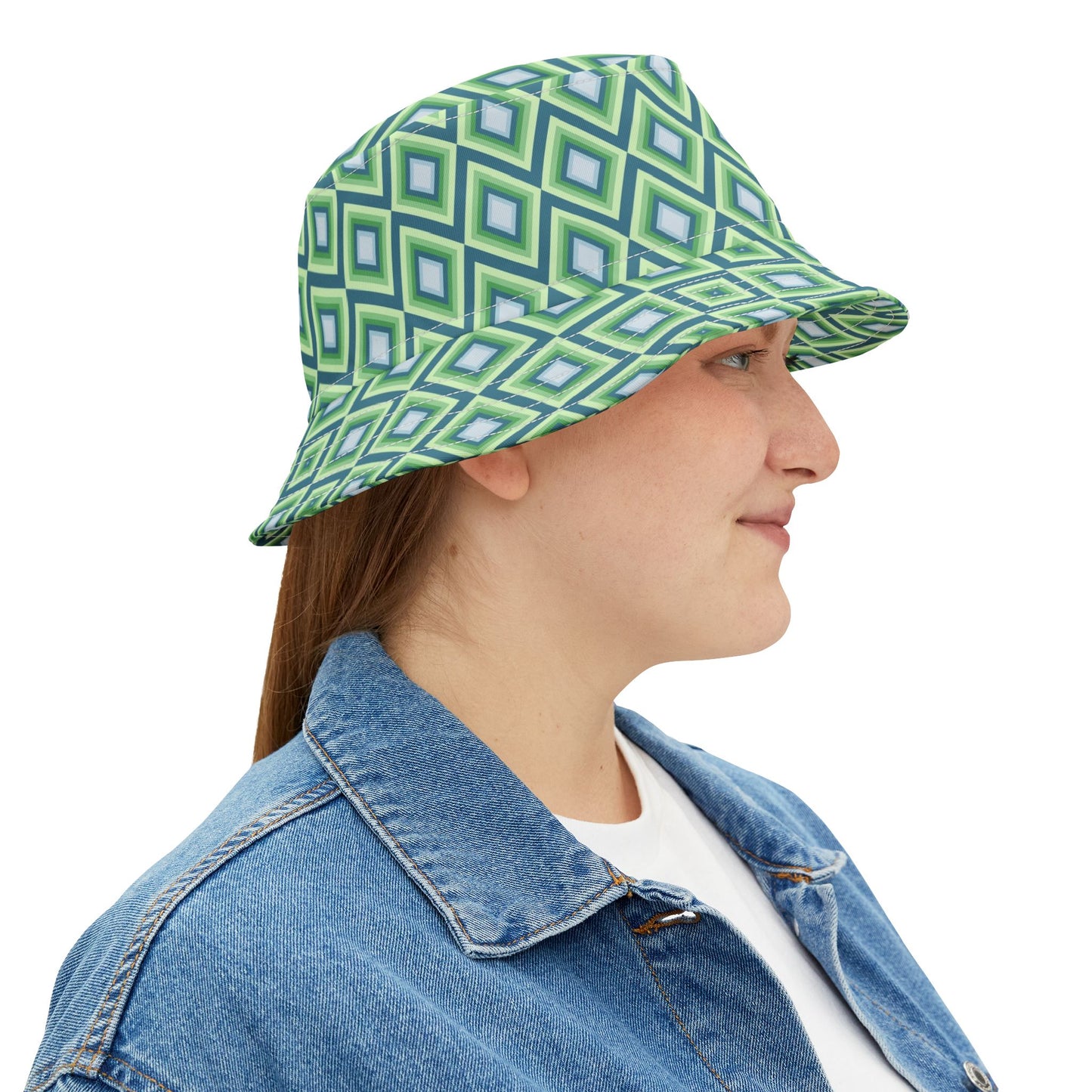 Green Geometric Diamond Pattern Bucket Hat