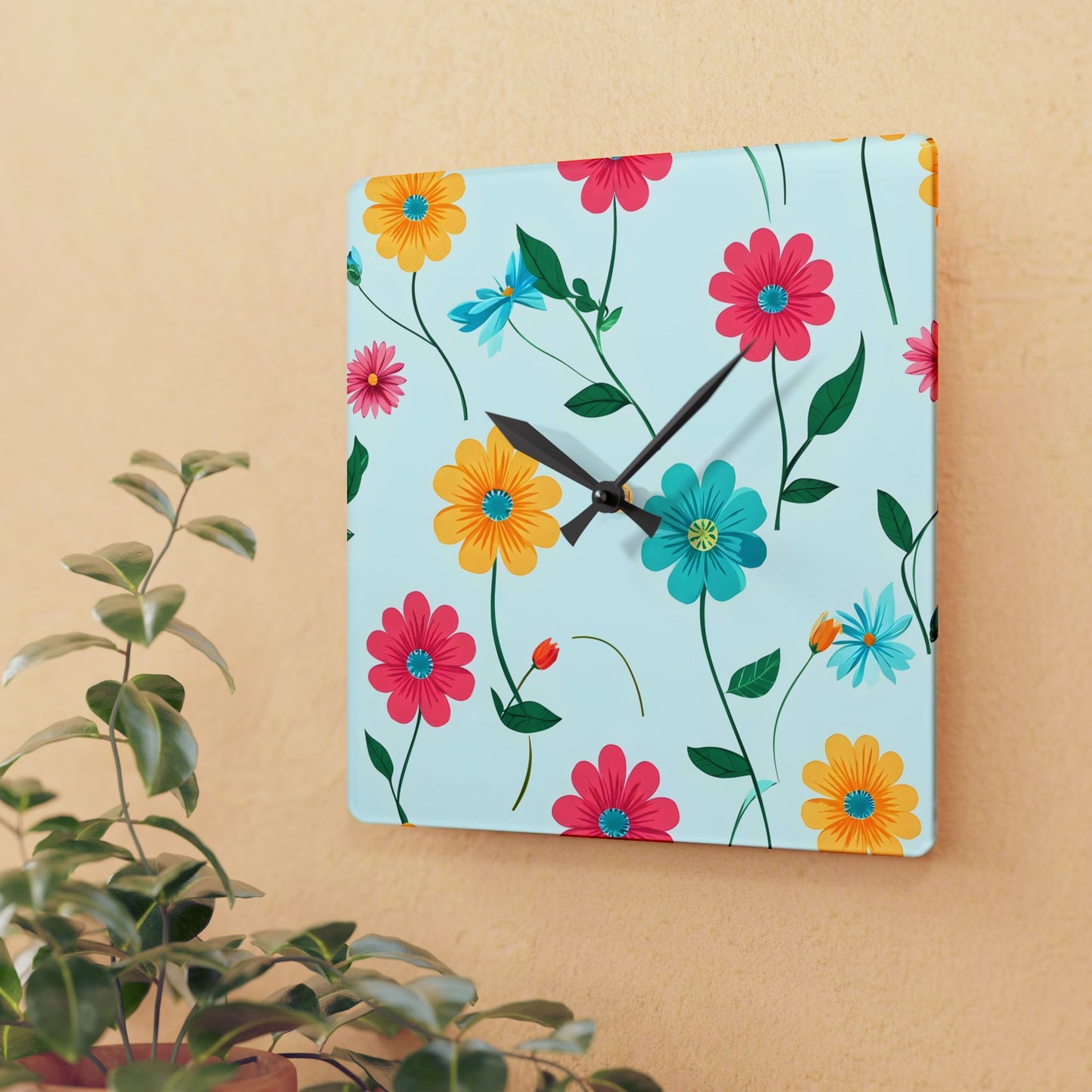 Floral Acrylic Wall Clock — Colorful Spring Daisy Design