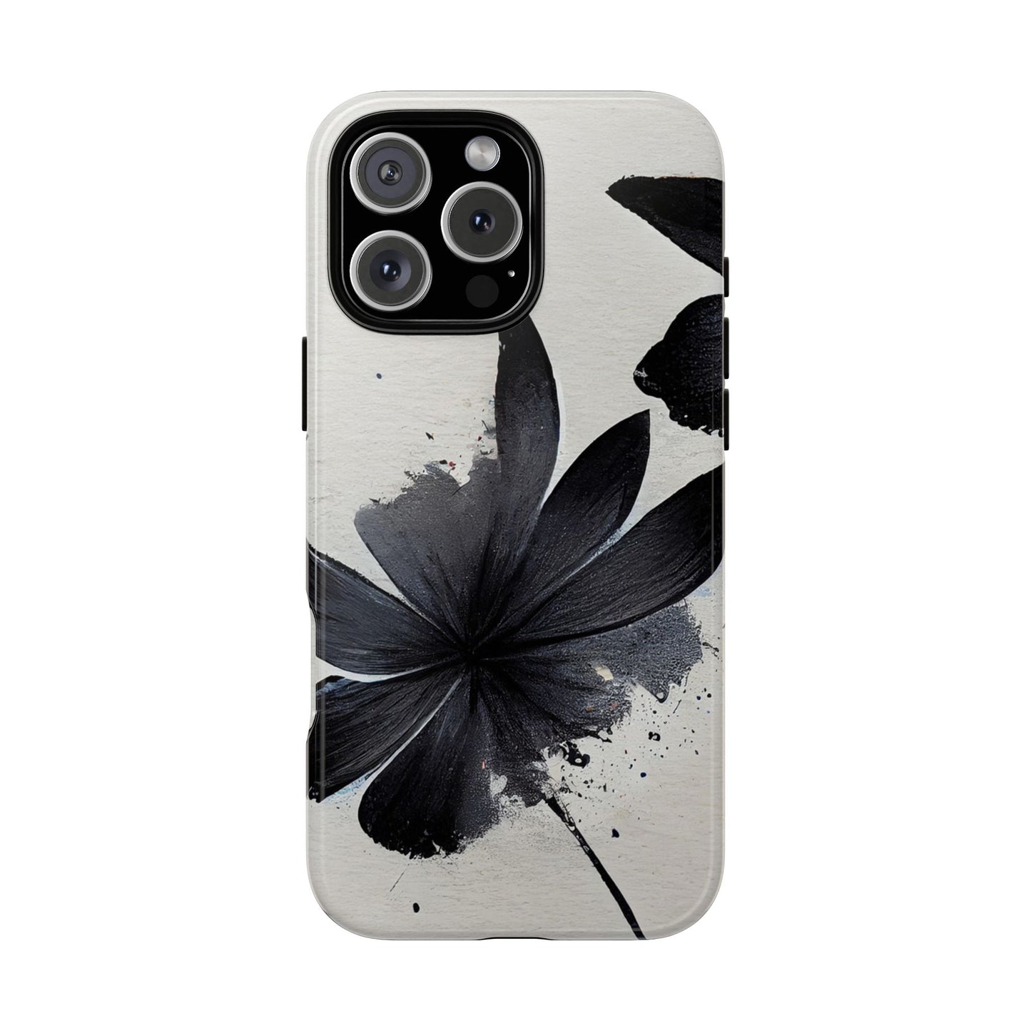 Monochrome Floral Tough Phone Case — Black Ink Flower Protective Cover