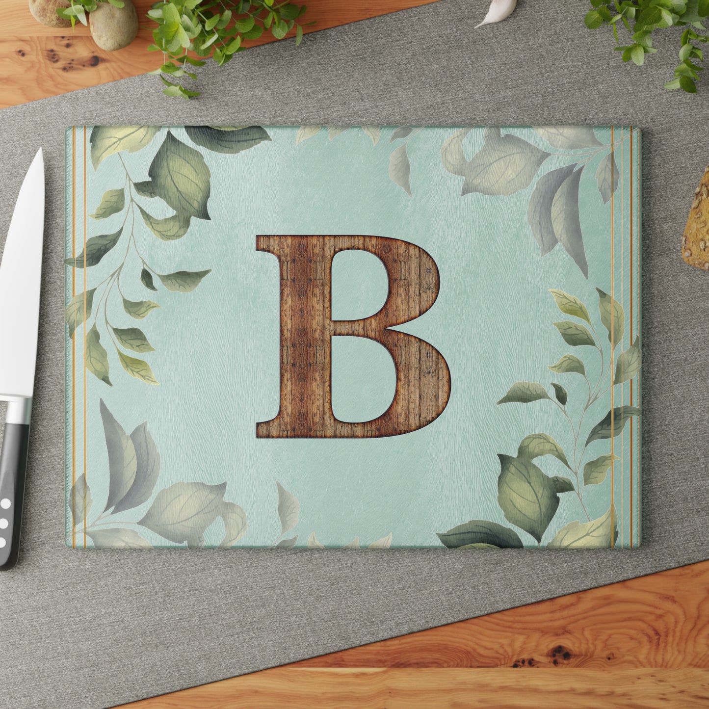 Monogram Glass Cutting Board - Botanical Initial "B" with Rustic Wood Letter