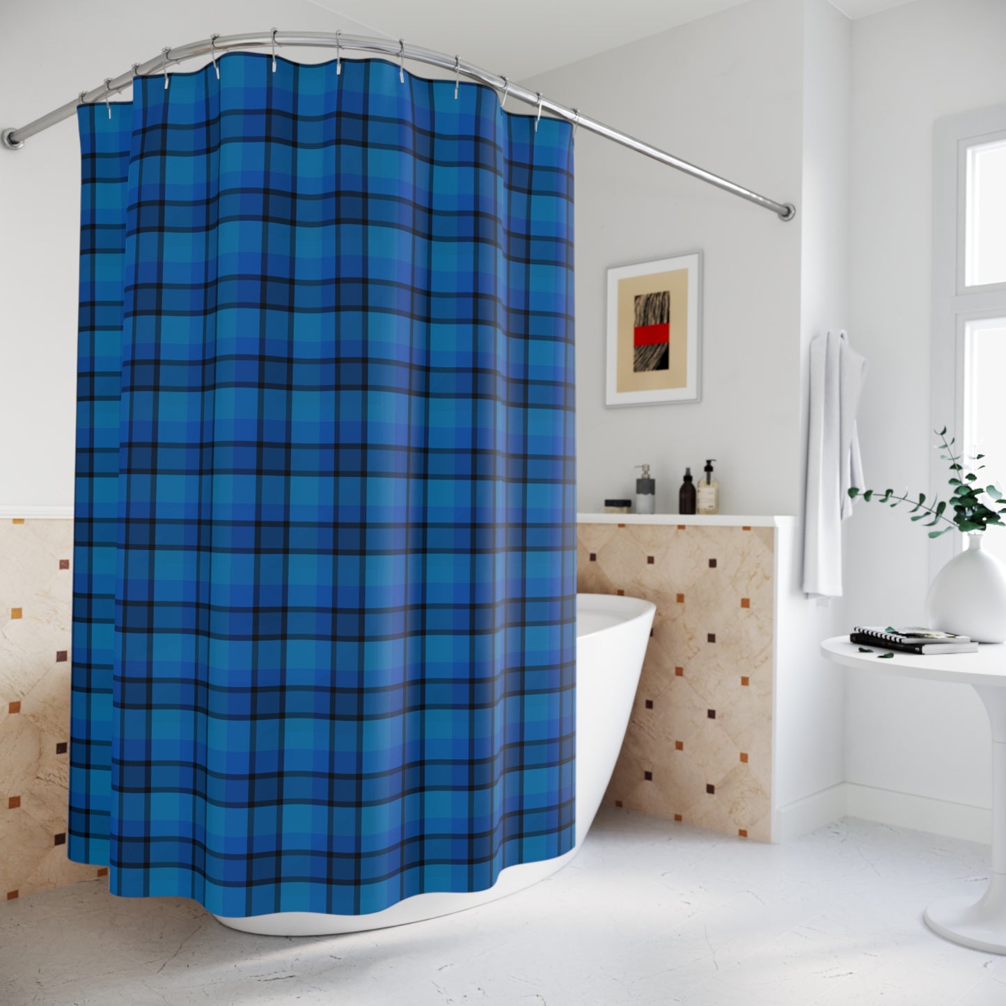 Navy & Teal Plaid Shower Curtain — Classic Tartan Bathroom Decor