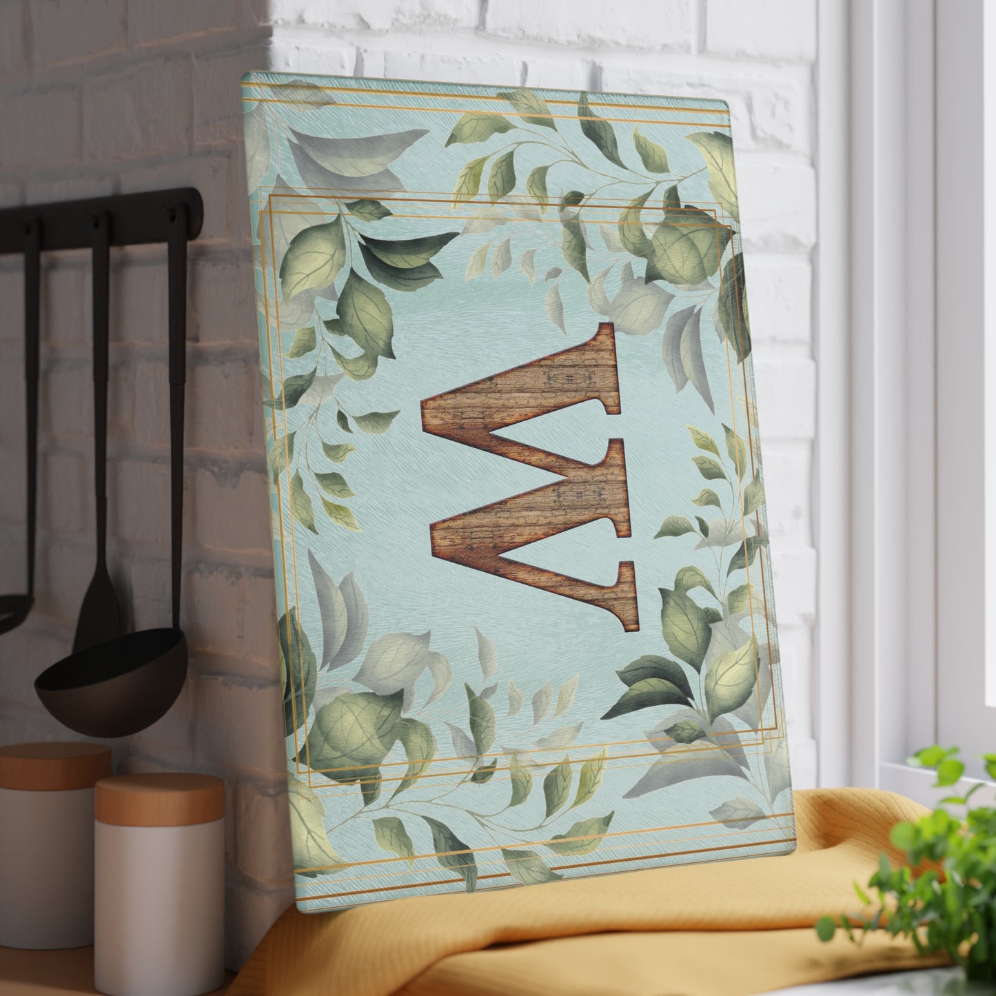 Monogram Glass Cutting Board — Rustic Wood 'W' with Greenery Border