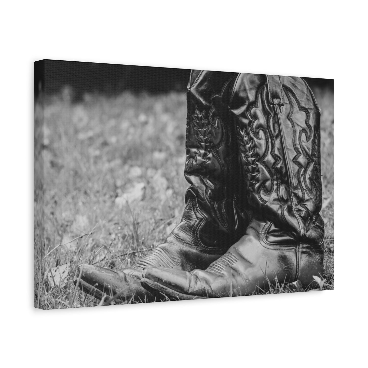 Western Cowboy Boots Matte Canvas Wall Art – Black & White Rustic Country Decor