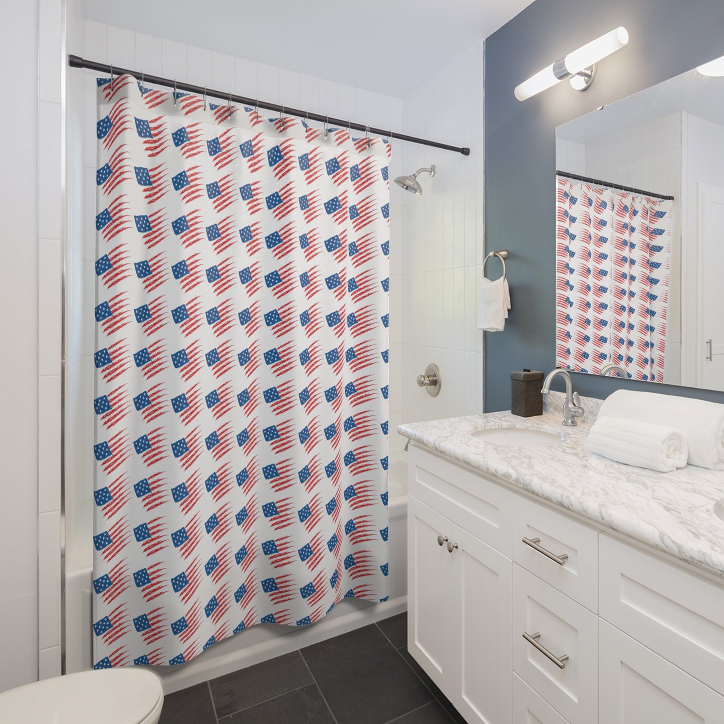 Patriotic Shower Curtain, Americana Decor, Independence Day Gift, Bathroom Accessories, Red White Blue Design