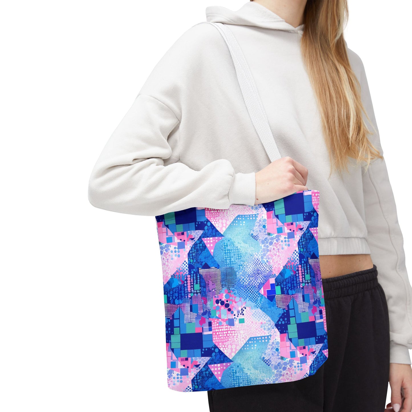 Abstract Blue Pink Geometric Tote Bag — Colorful Patterned All-Over Print Tote