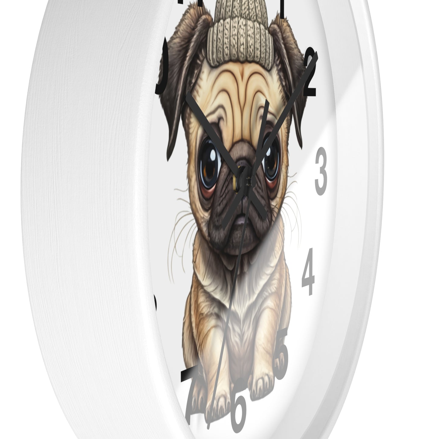 Cute Pug Wall Clock — Adorable Pug Puppy in Beanie Decorative Clock for Dog Lovers