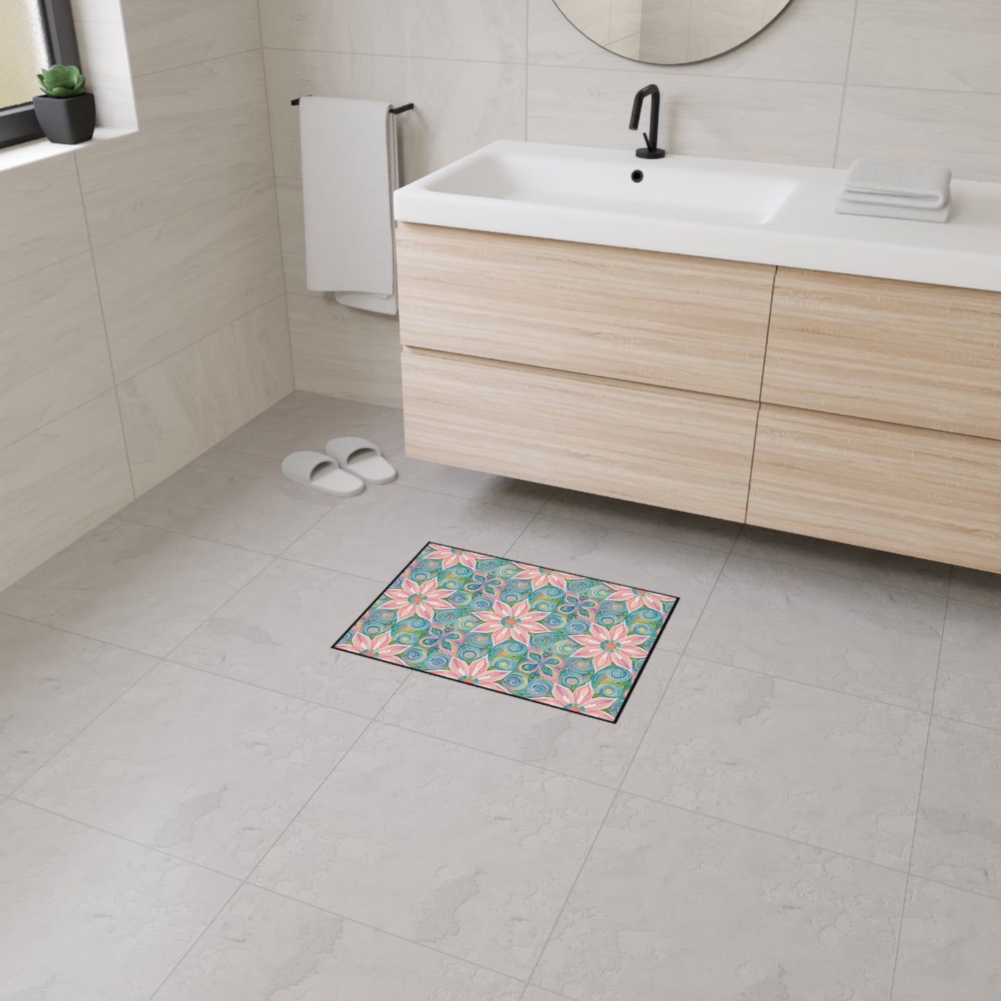 Floral Kaleidoscope Heavy-Duty Floor Mat — Pink Petal Outdoor/Entry Rug