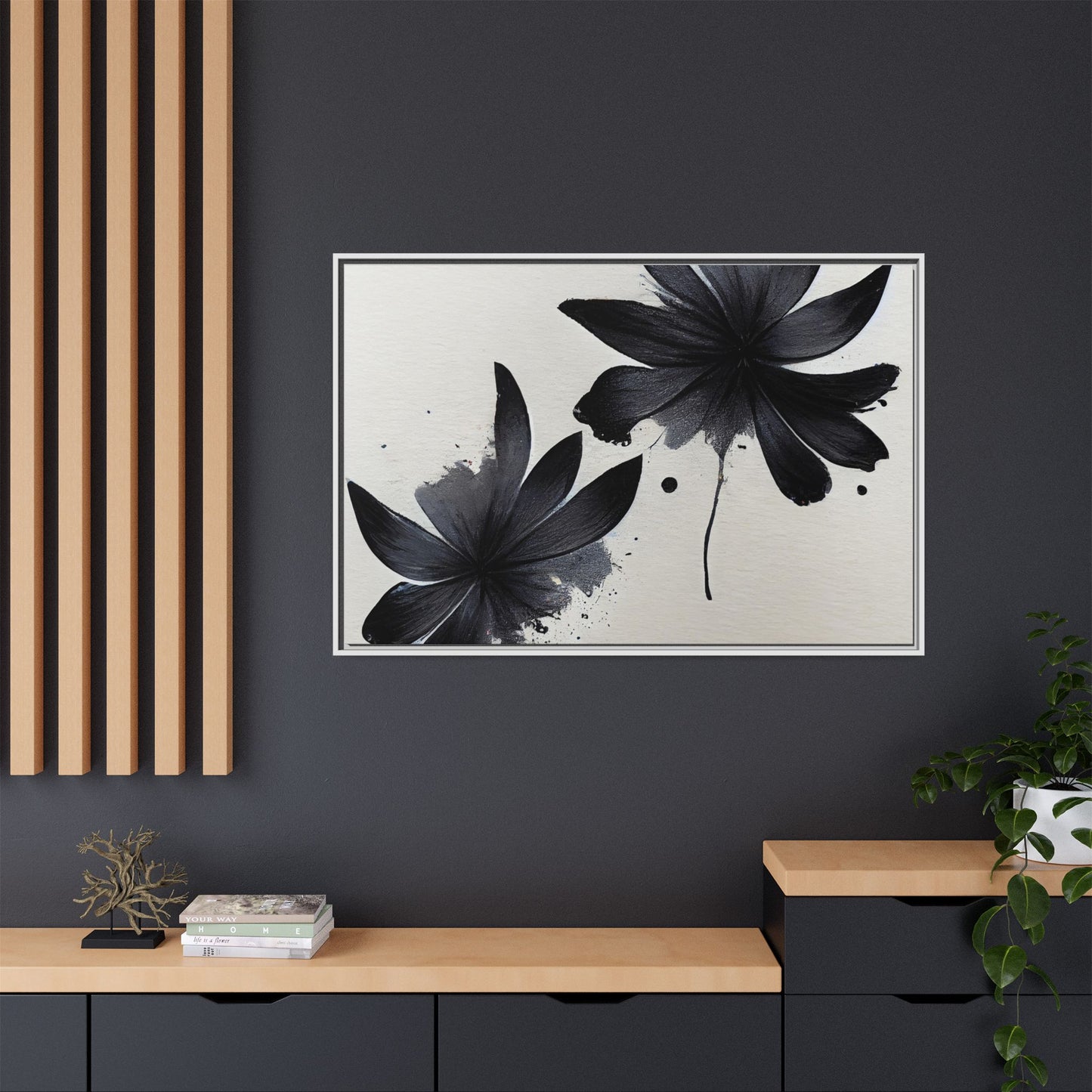 Framed Black Floral Matte Canvas Wall Art — Monochrome Botanical Print