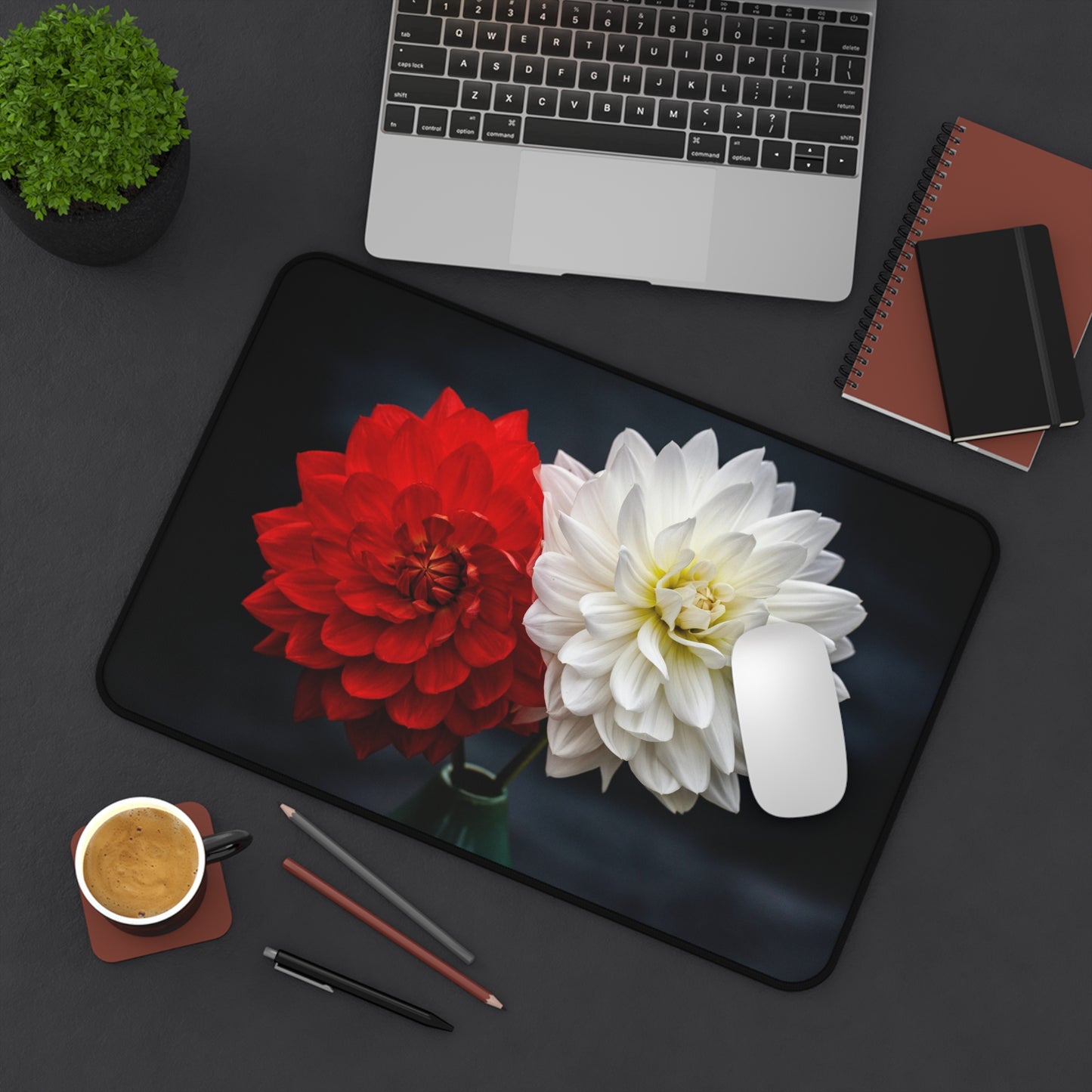 Dahlia Duo Desk Mat — Red & White Floral Mouse Pad