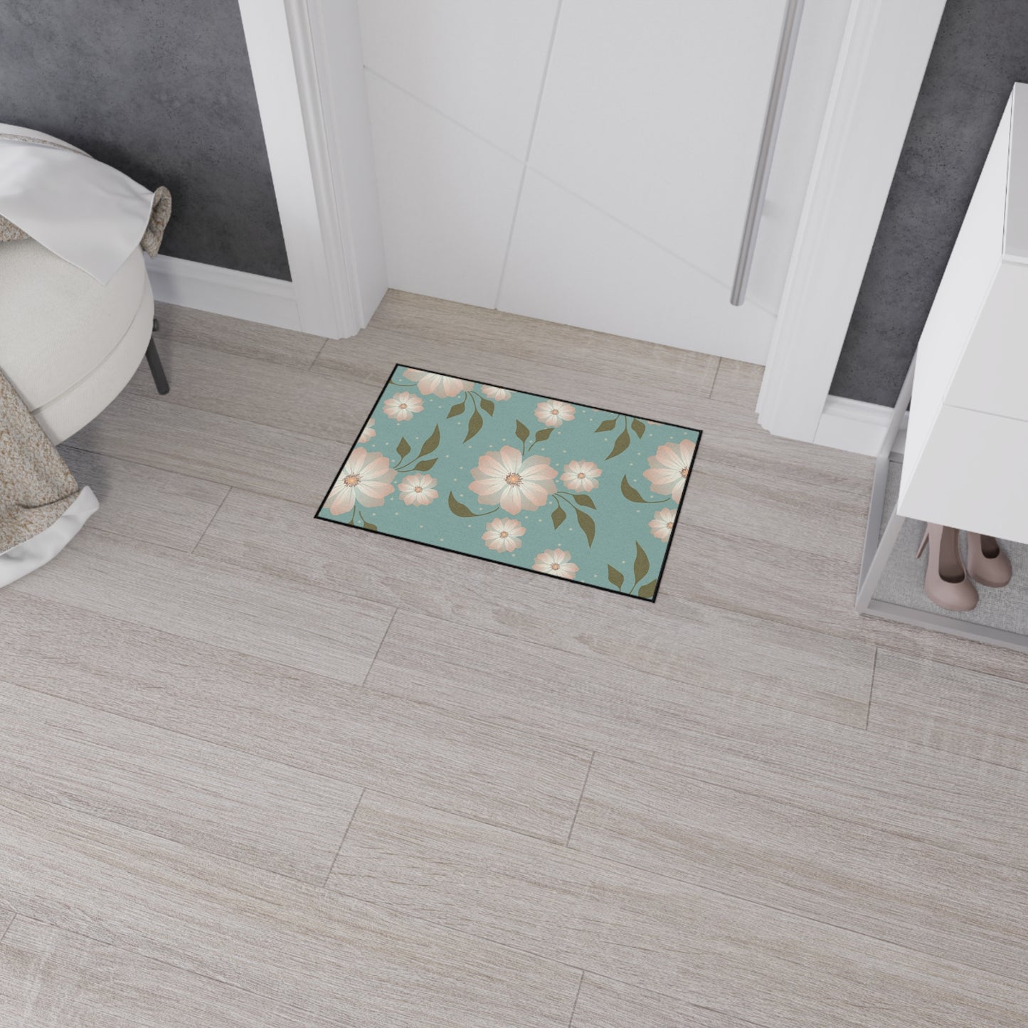 Floral Heavy-Duty Floor Mat — Teal Pastel Blossom Rug for Entryway & Kitchen