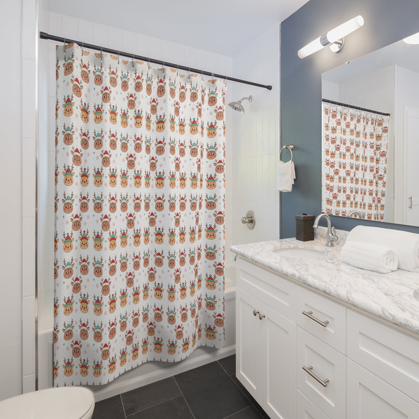 Festive Reindeer Shower Curtain | Holiday Decor, Christmas Gift, Bathroom Accessory, Seasonal Home Decor, Cute Shower Curtain