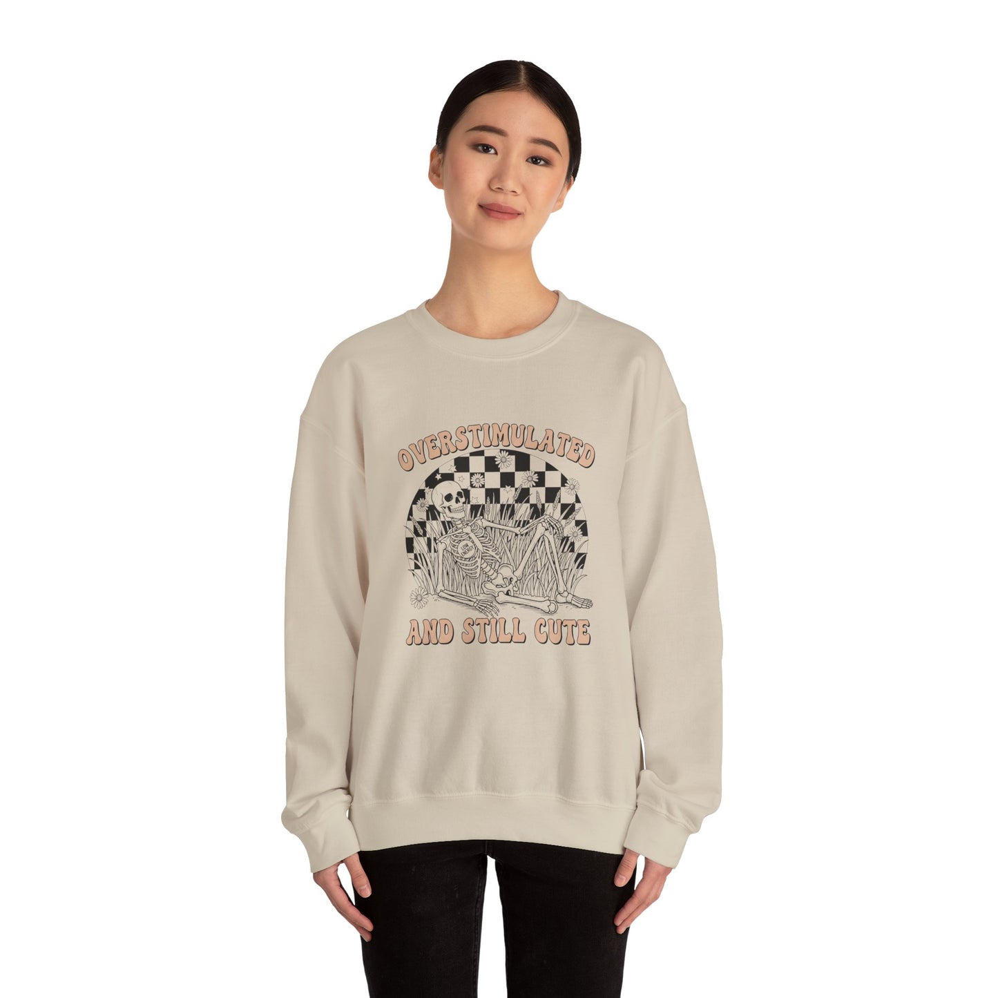 Sweatshirt — "Overstimulated and Still Cute" Skull Checkerboard Graphic Crewneck