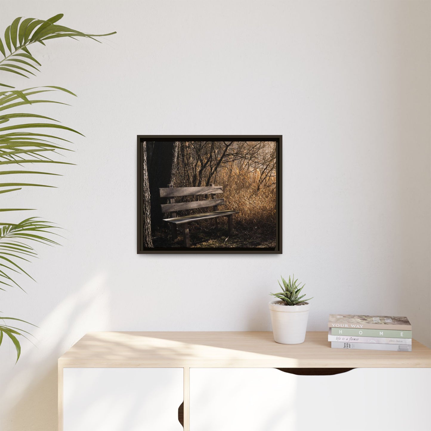 Framed Matte Canvas Print — Autumn Park Bench Photography