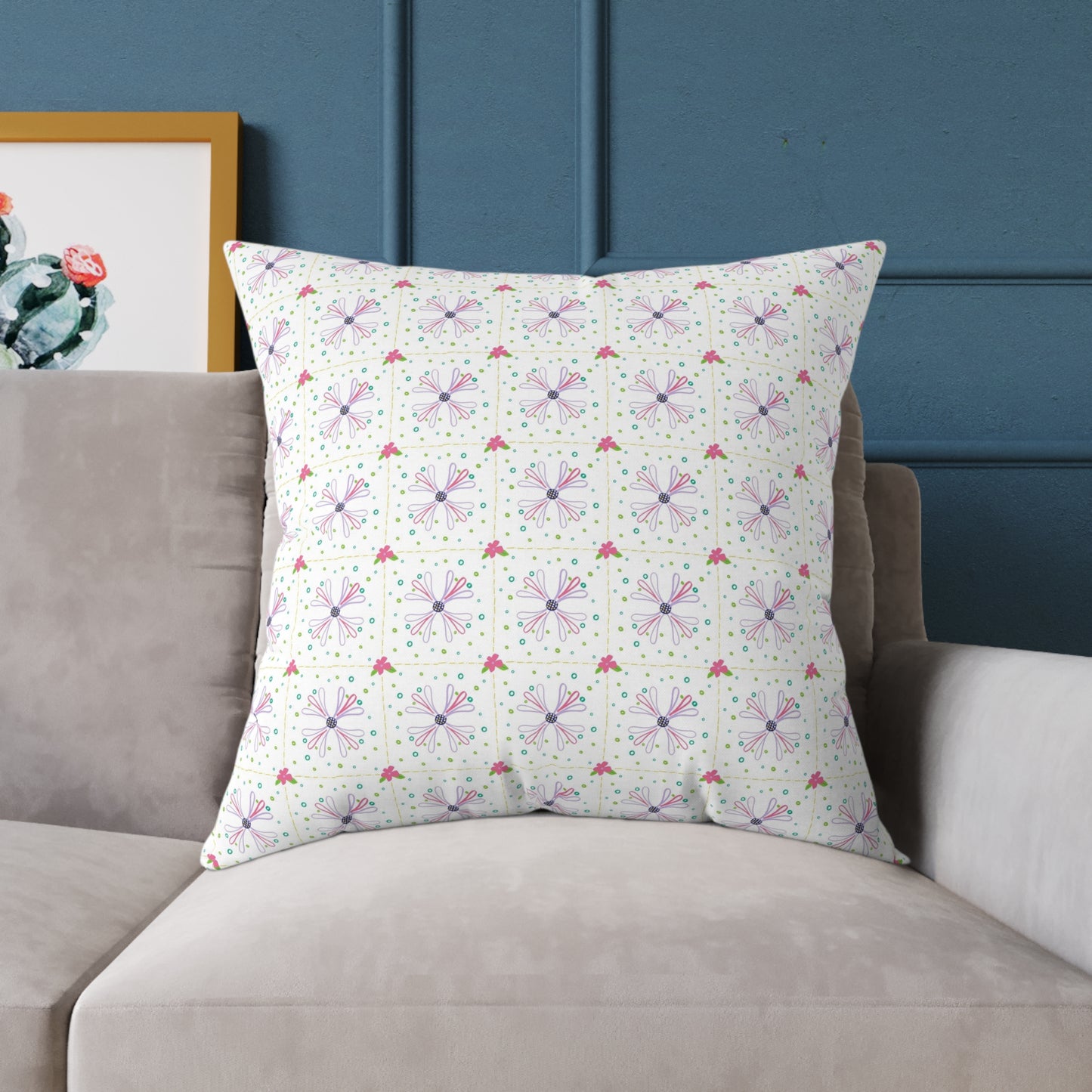Floral Geometric Square Pillow – Pink & Lavender Patterned Throw Cushion