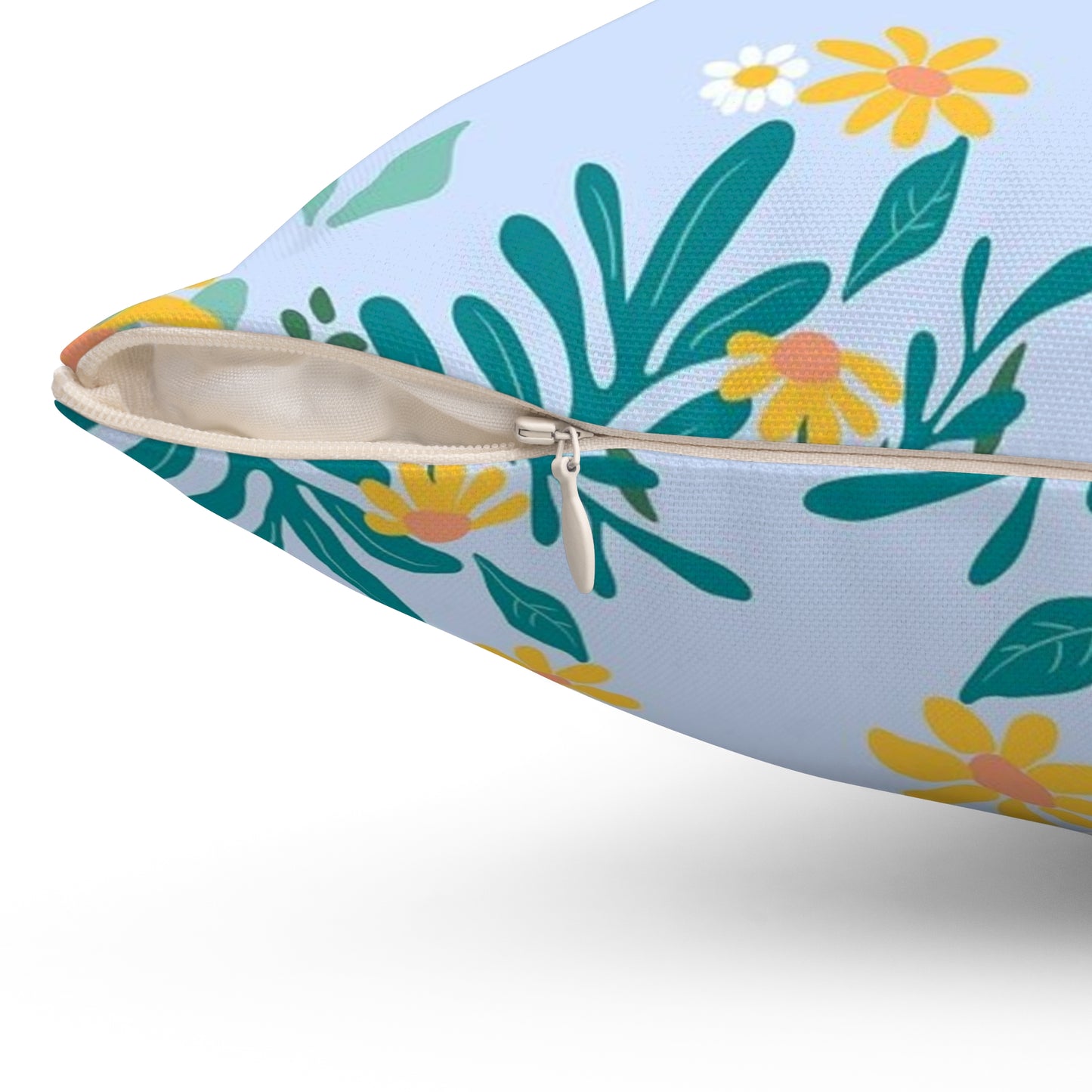 Floral Border Square Pillow — Light Blue Daisy Accent Cushion