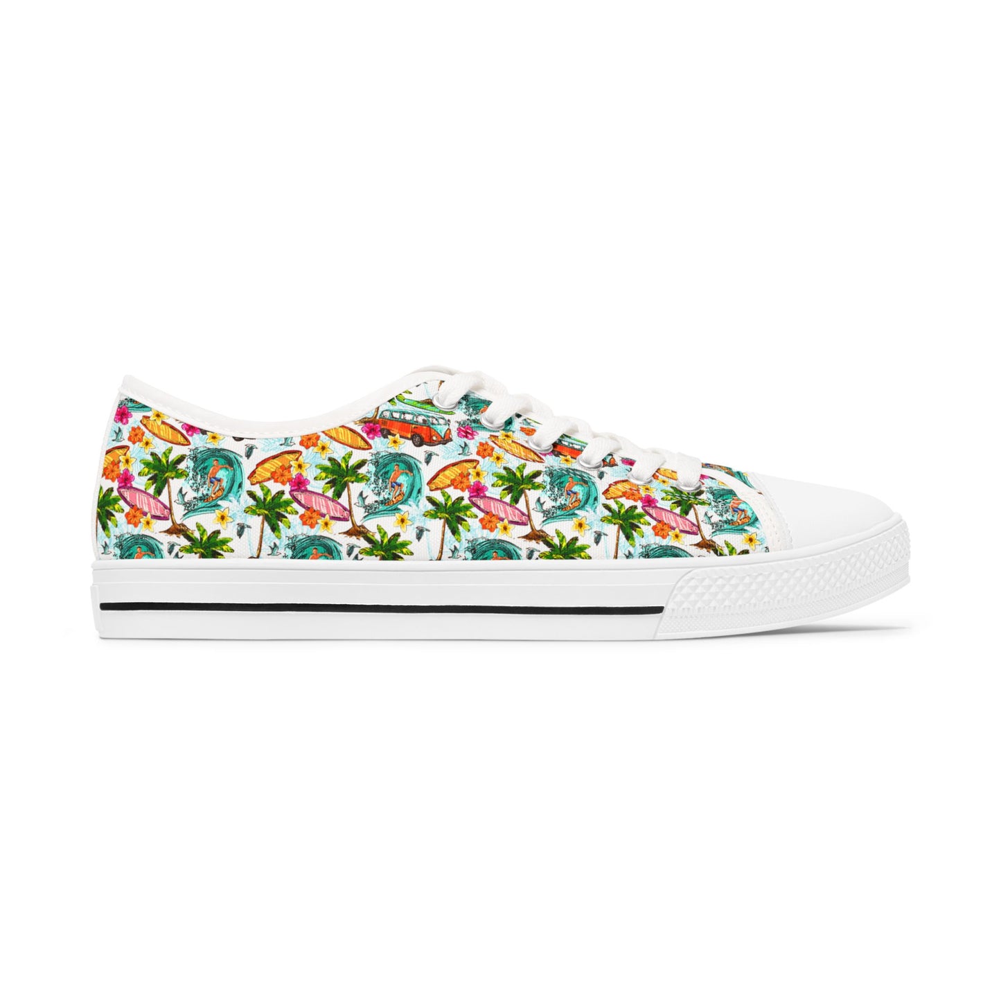 Tropical Floral Low Top Sneakers — Women's Colorful Palm & Hibiscus Print