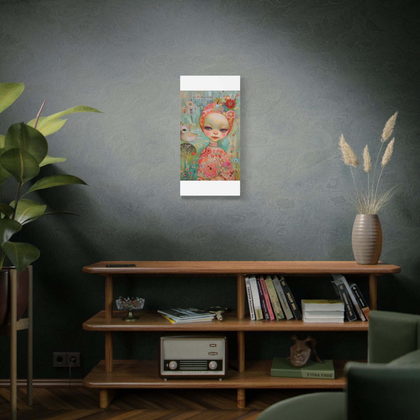 Whimsical Girl & Bird Matte Canvas Wall Art — Stretched Decorative Painting