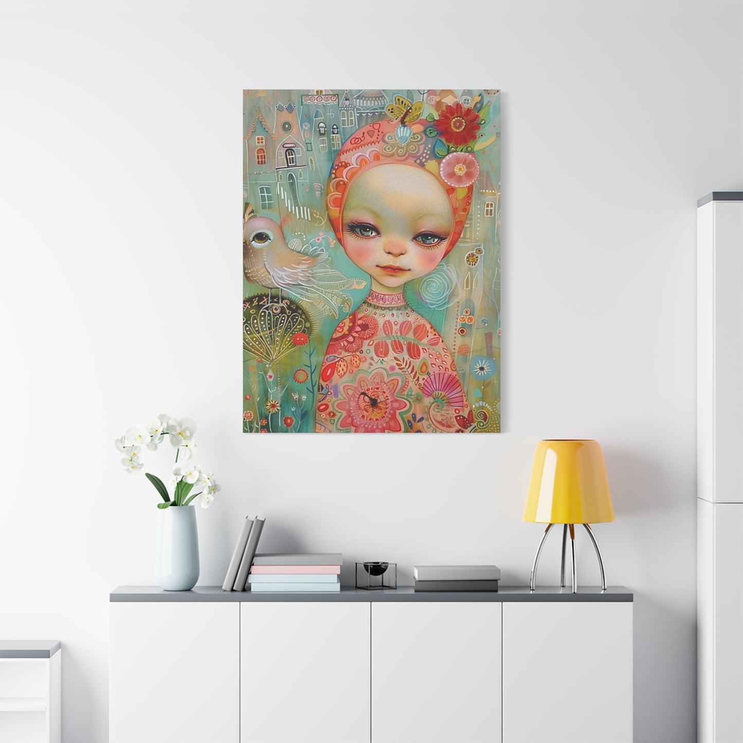 Whimsical Girl & Bird Matte Canvas Wall Art — Stretched Decorative Painting