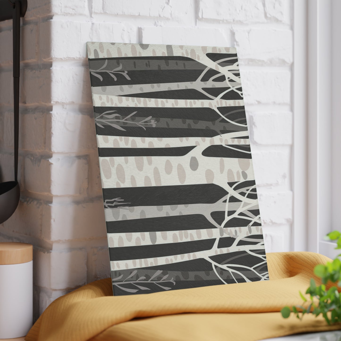 Birch Forest Glass Cutting Board – Monochrome Woodland Kitchen Decor